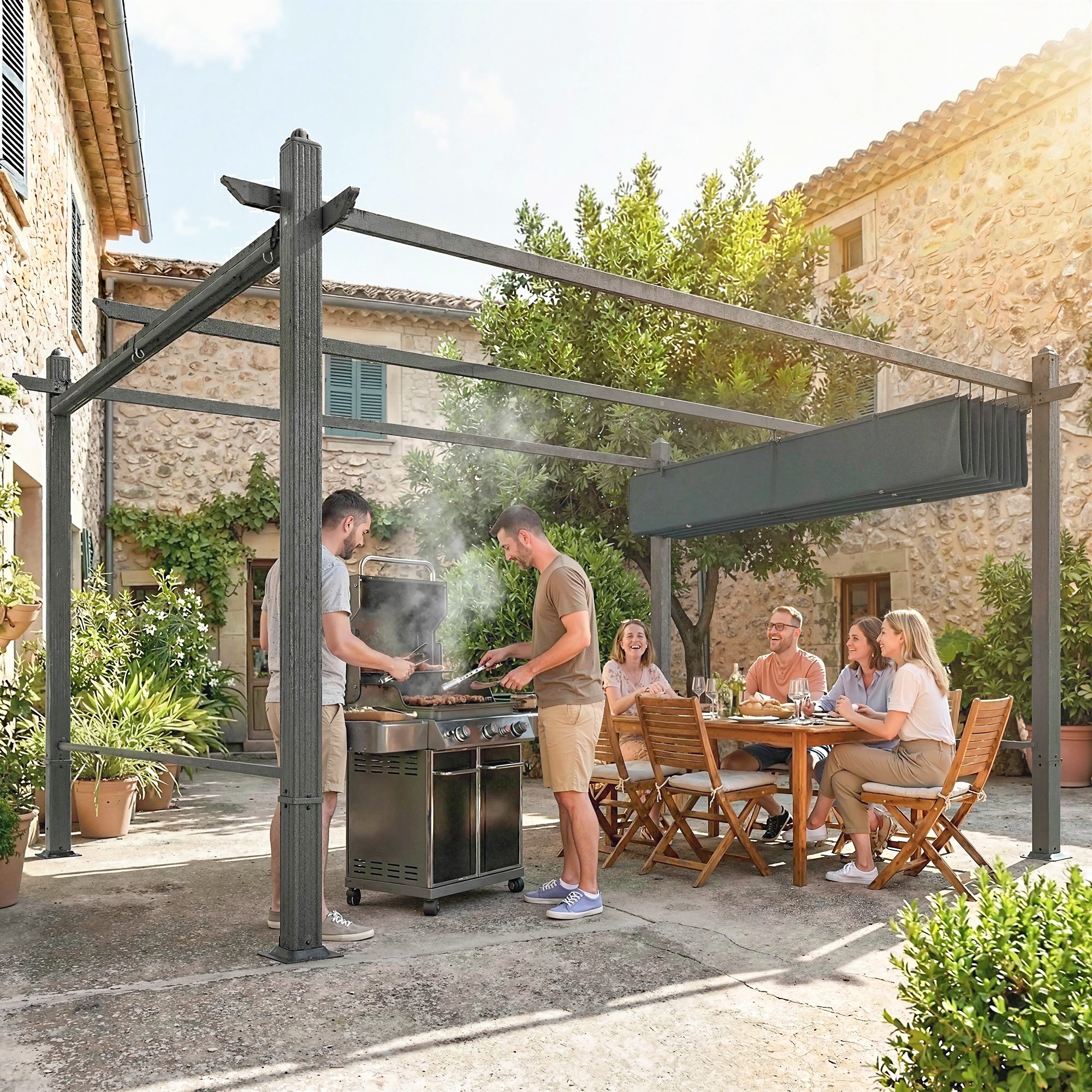 Pergola 3 x 4 m Terrassenüberdachung mit Schiebedach, automatisch einziehbaren Rollos, UV50+ Aluminiumrahmen