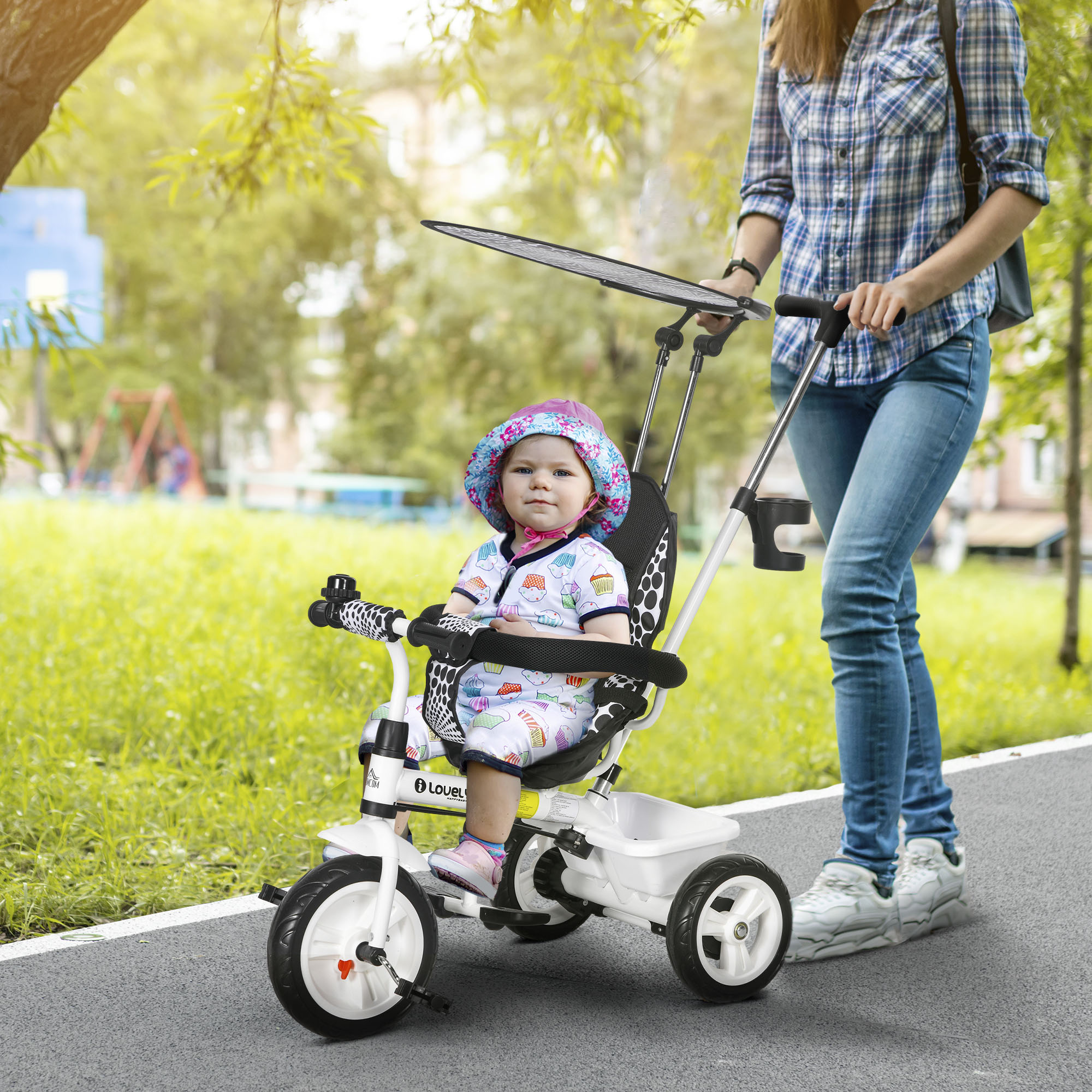 6-in-1 Kinderdreirad mit Schiebestange, Dach, Gurt, Ablagekorb, für 1-5 Jahre, Weiß
