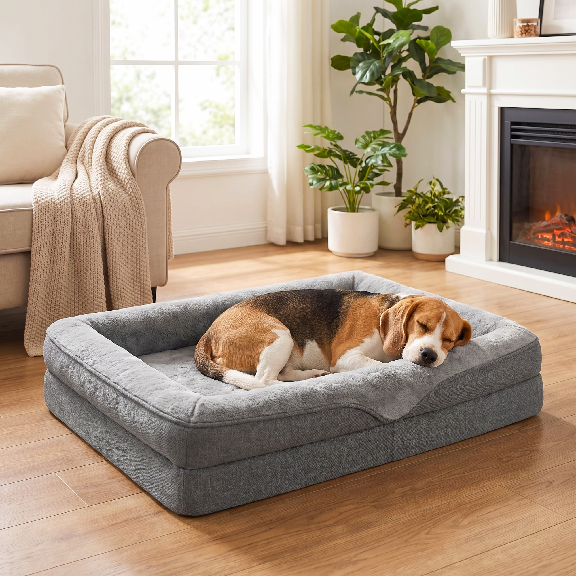 Hundebett mit Erhöhte Ränder rutschfester Unterseite Leinenoptik Waschbar Hundekissen spritzwasserabweisend 91x68x16cm