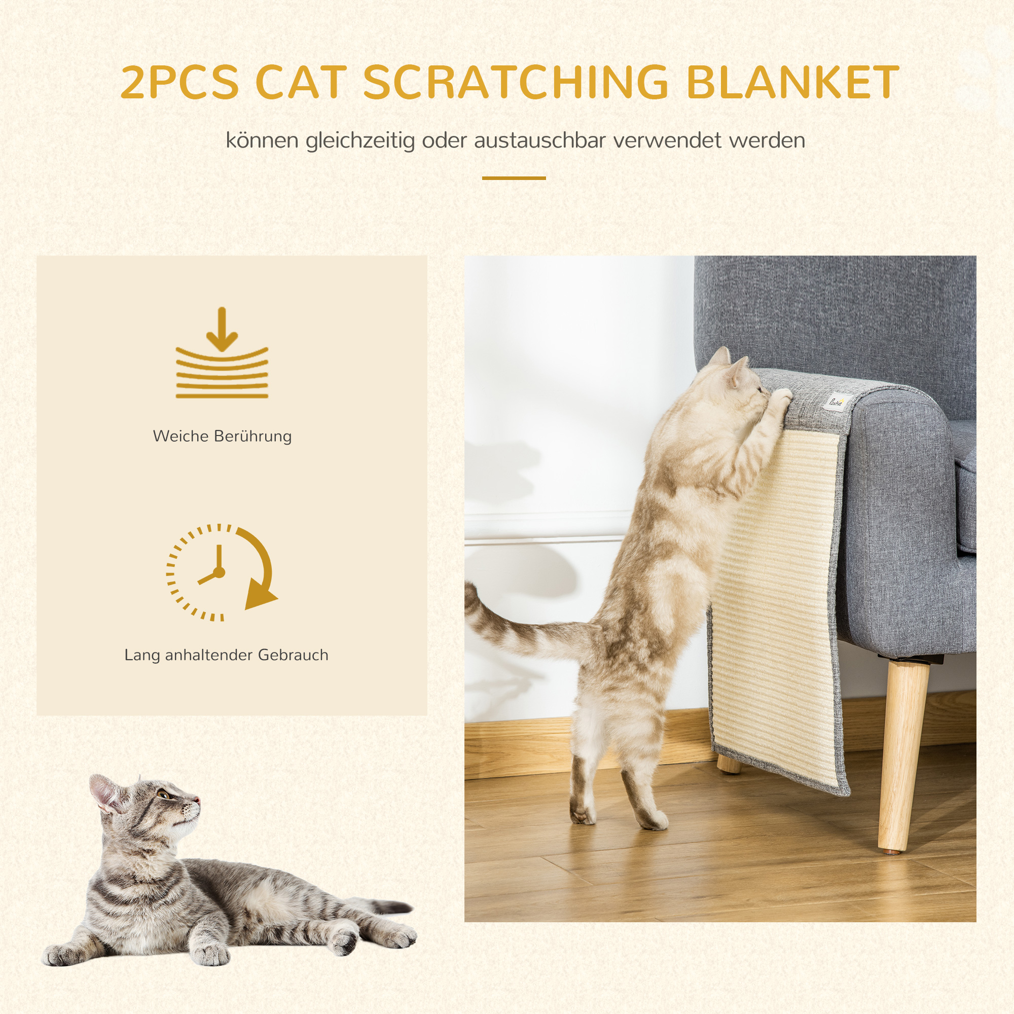 2er Kratzmatte Kratzschutz Sofa Sisal Kratzteppich für Katze Sessel Couch Katzenkratzmatte Grau 130 x 45 x 0,3 cm