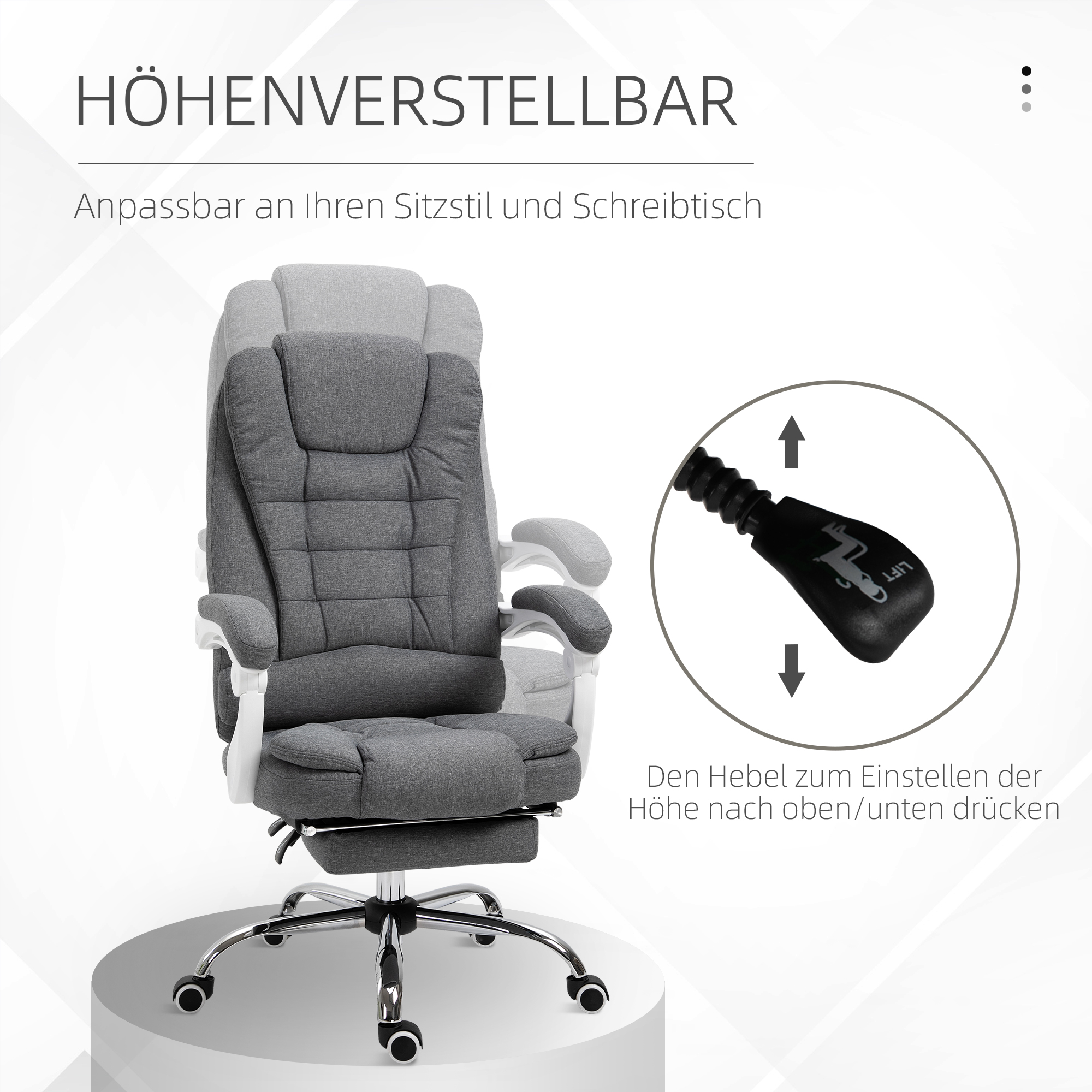 Bürostuhl mit ausklappbarer Fußstütze, Chefsessel, verstellbare Rückenlehne, Leinenoptik, Grau