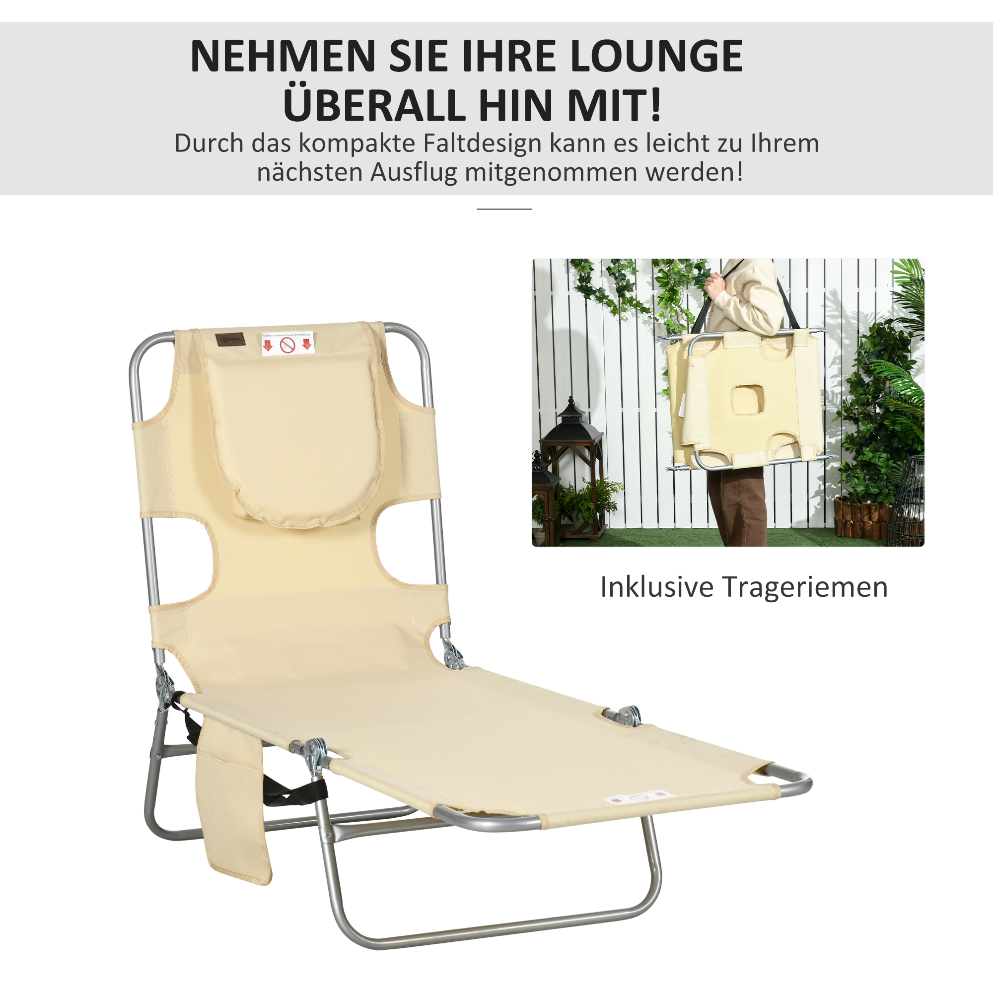 Gartenliege, Liegestuhl mit gepolsterter Gesichtsöffnung, Massage-Liege für draußen, Seitentasche, Stoff, Metall, Beige