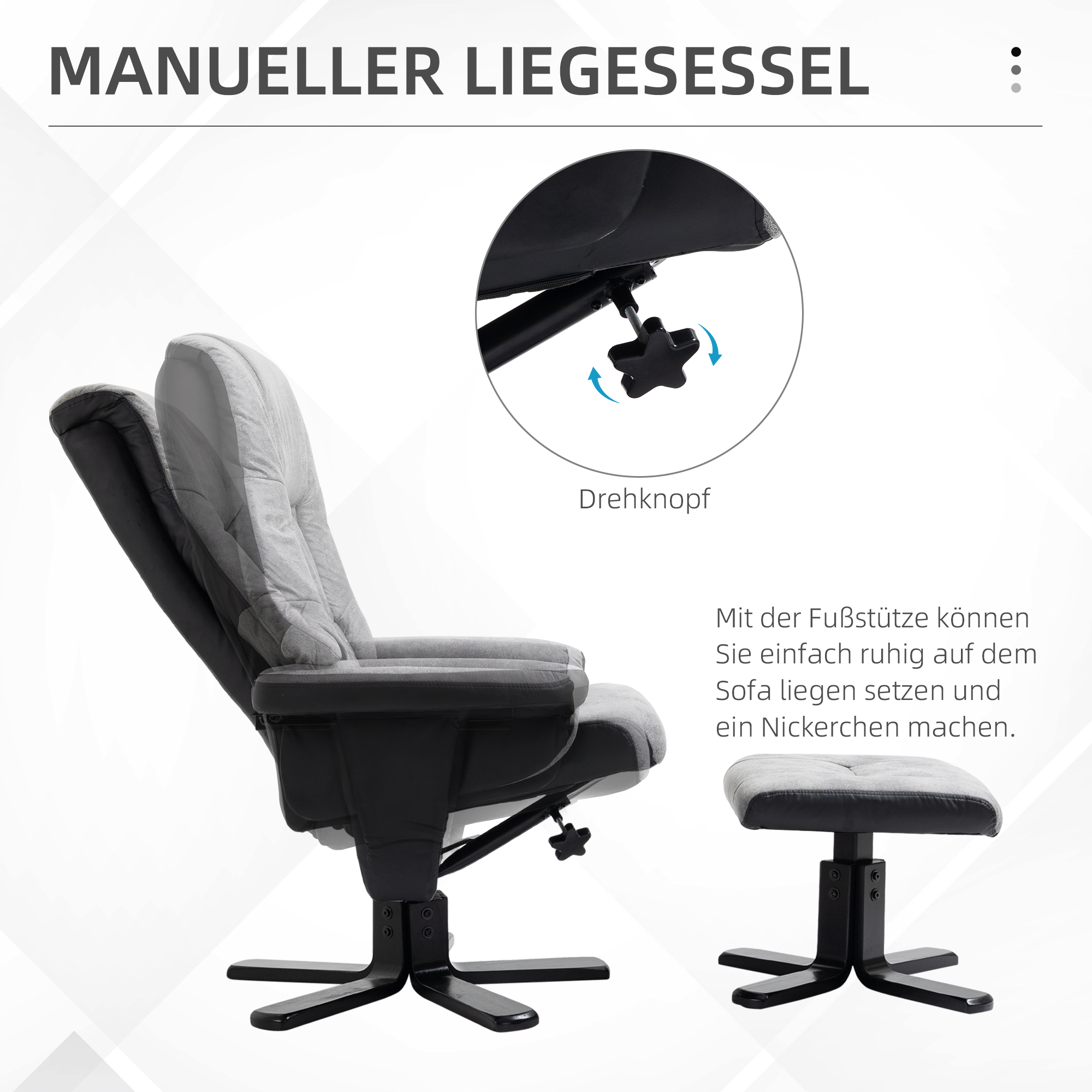 Relaxsessel mit Hocker, 360° drehbar, 135° neigbar, atmungsaktiver Bezug, 78 x 82,5 x 109 cm, grau