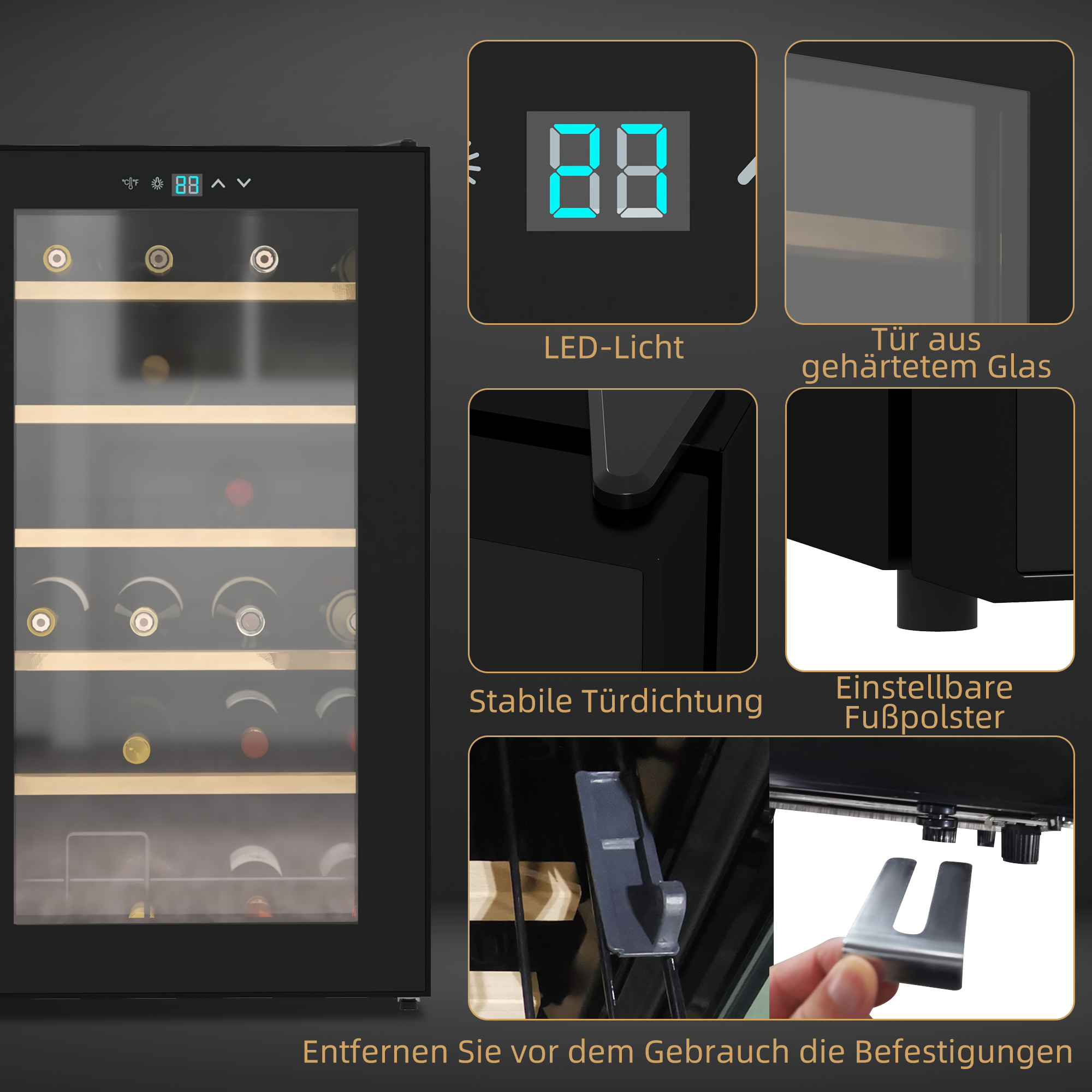 Weinkühlschrank klein Wohnzimmer für 24 Flaschen, einstellbare Temperatur 5 bis 20° C, LED-Beleuchtung, schwarz, 43 x 45 x 75 cm