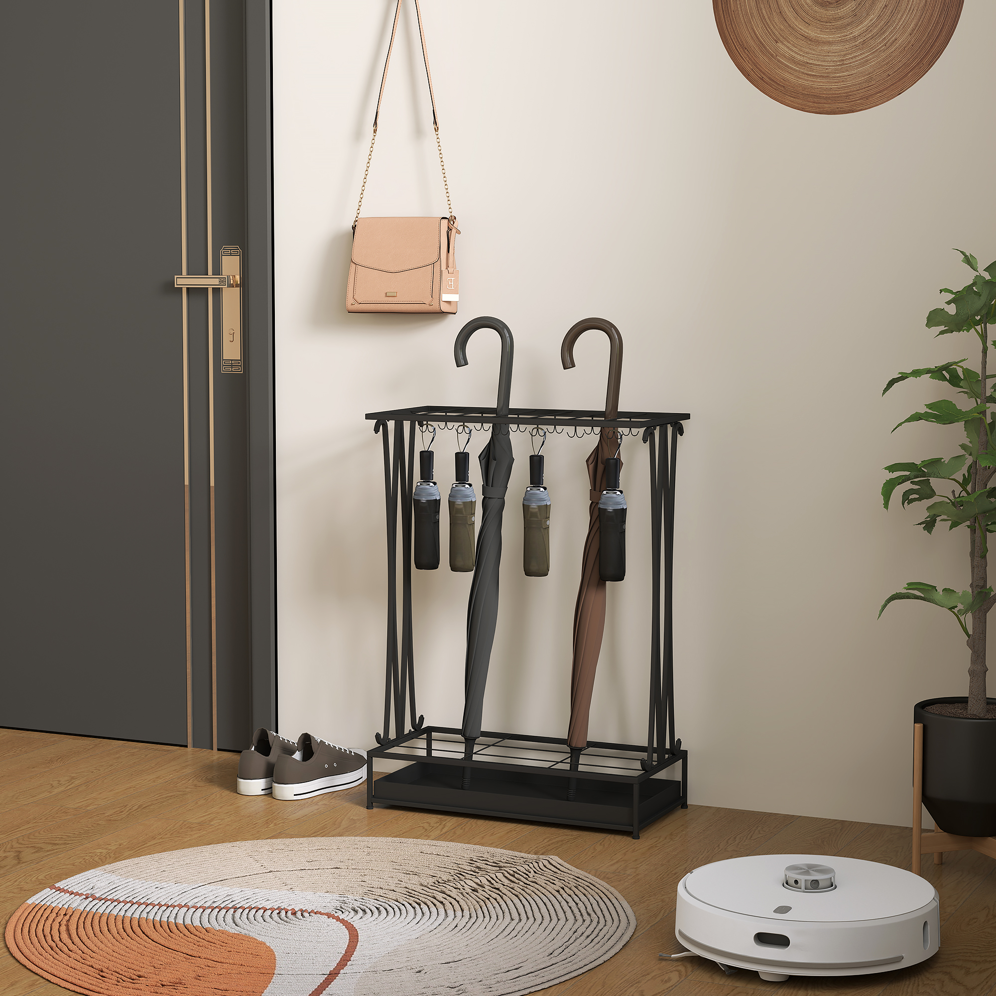 Schirmständer mit herausnehmbarer Tropfwasserschale, Regenschirmständer mit 21 Öffnungen und 24 Haken, Stahl, Schwarz