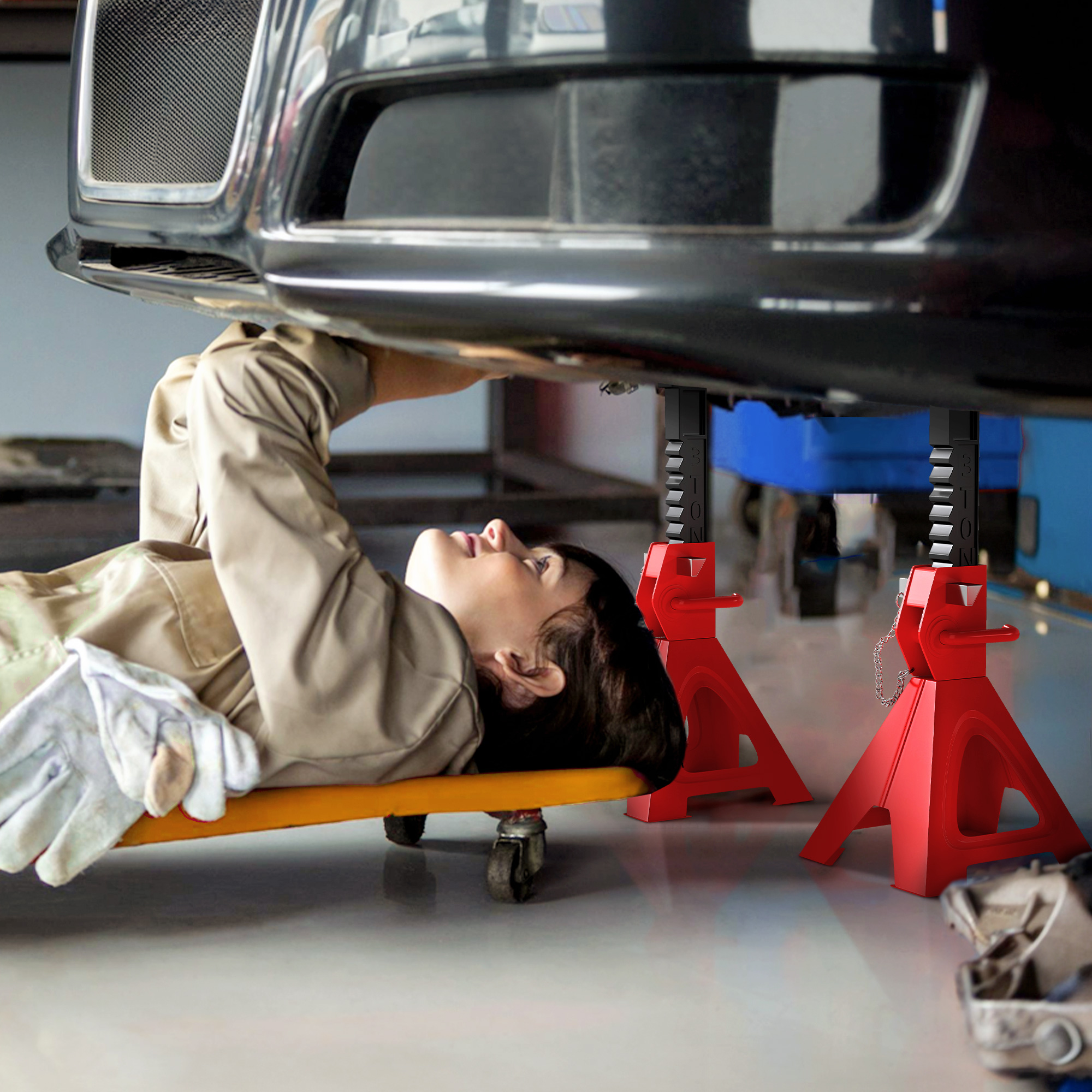 Unterstellbock 3 Tonnen Traglast 2 Stück Stützbock inkl Sicherungssplint 10 stufig Höhenverstellbar Rot