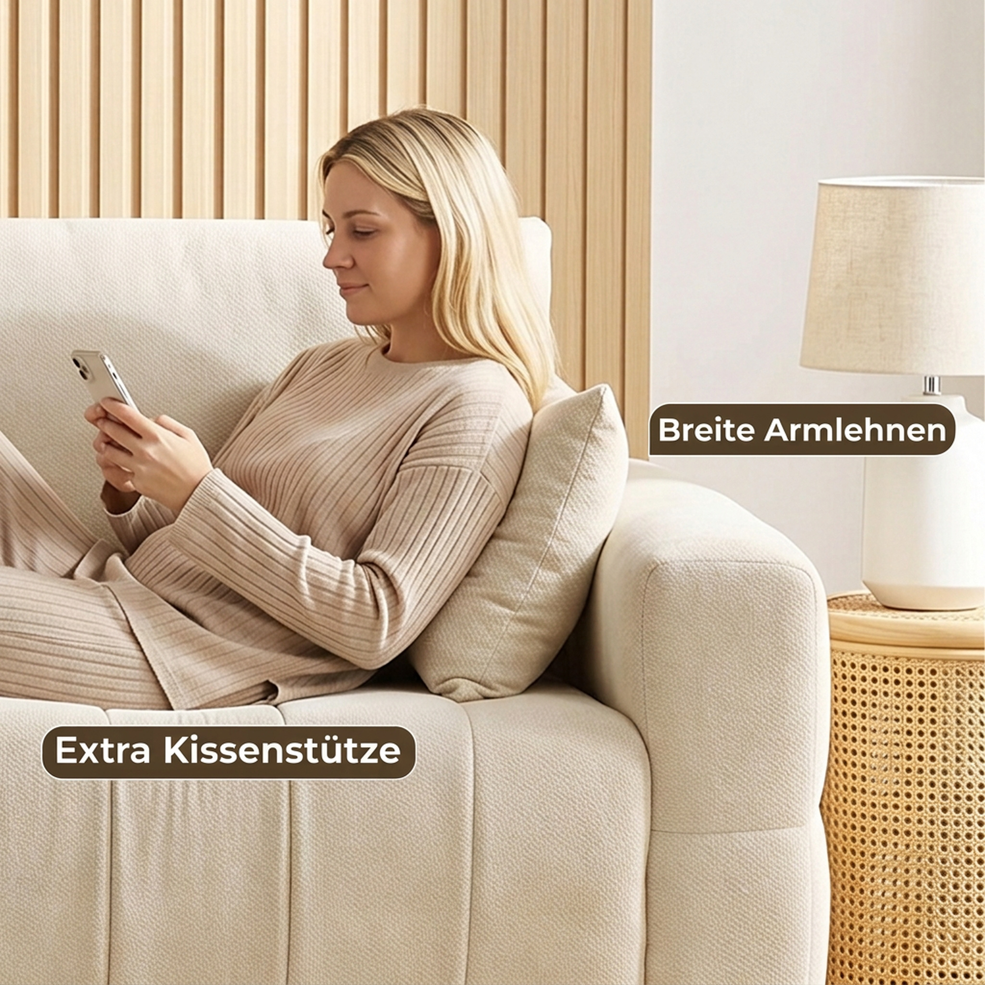 3-Sitzer Sofa mit bodentiefen Armlehnen gepolsterte Wohnzimmercouch Holzbeine Cremeweiß