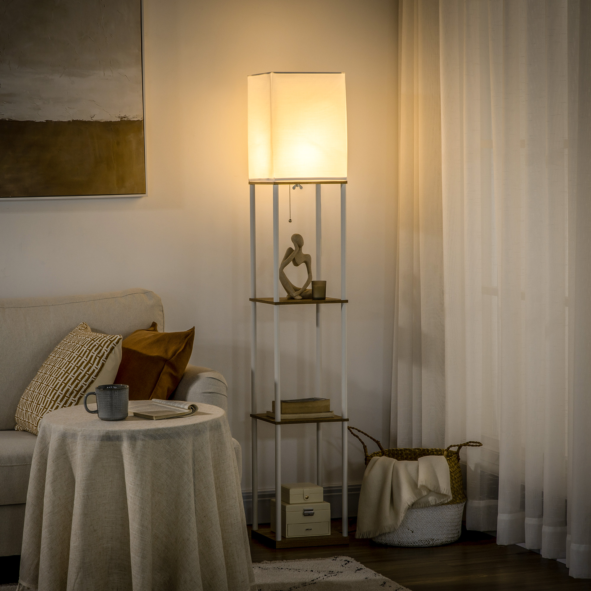 Standleuchte, Deckenfluter, mit Regalen, Metallrahmen, Stoffschirm, 26x26x159cm, Weiß/Braun