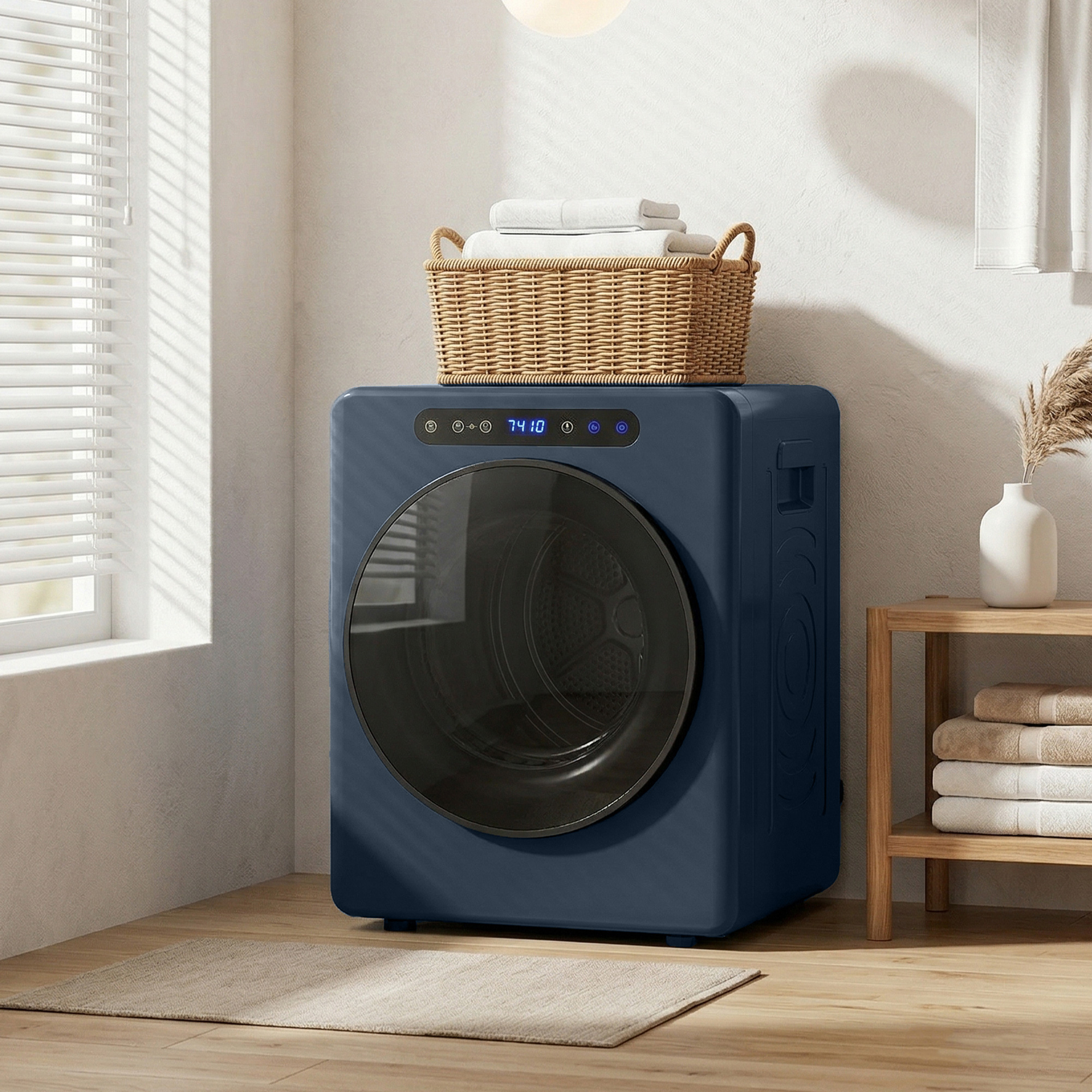 5kg Ablufttrockner, 1000W Kompakter freistehender Frontlader-Wäschetrockner mit Edelstahltrommel, Timer, Blau