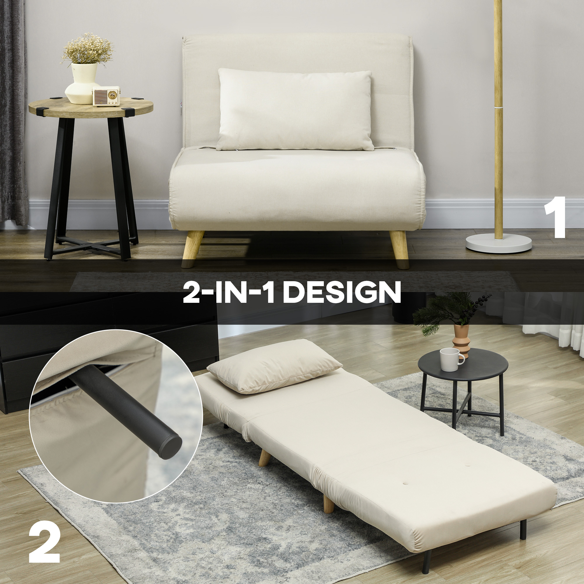 Klappsessel mit Bettfunktion, Klappbarer Relaxsessel in Samtoptik, Verstellbare Lehne, bis 120 kg belastbar, Beige