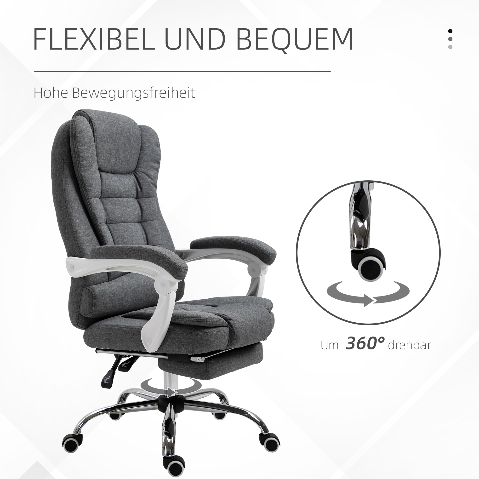 Bürostuhl mit ausklappbarer Fußstütze, Chefsessel, verstellbare Rückenlehne, Leinenoptik, Grau