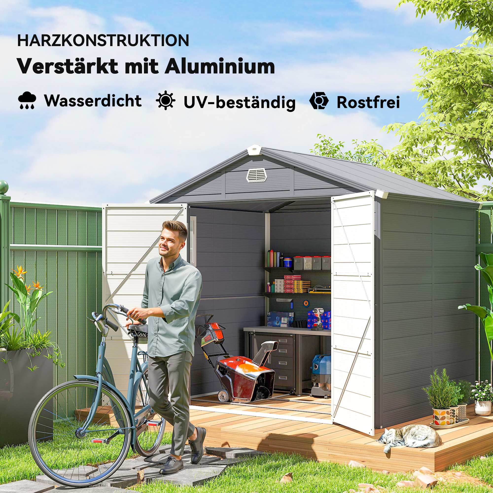 Gerätehaus, Gartenhaus, Geräteschuppen mit Lüftungsfenster, Kunststoff, Metall, 240 x 190 x 180/228, Grau