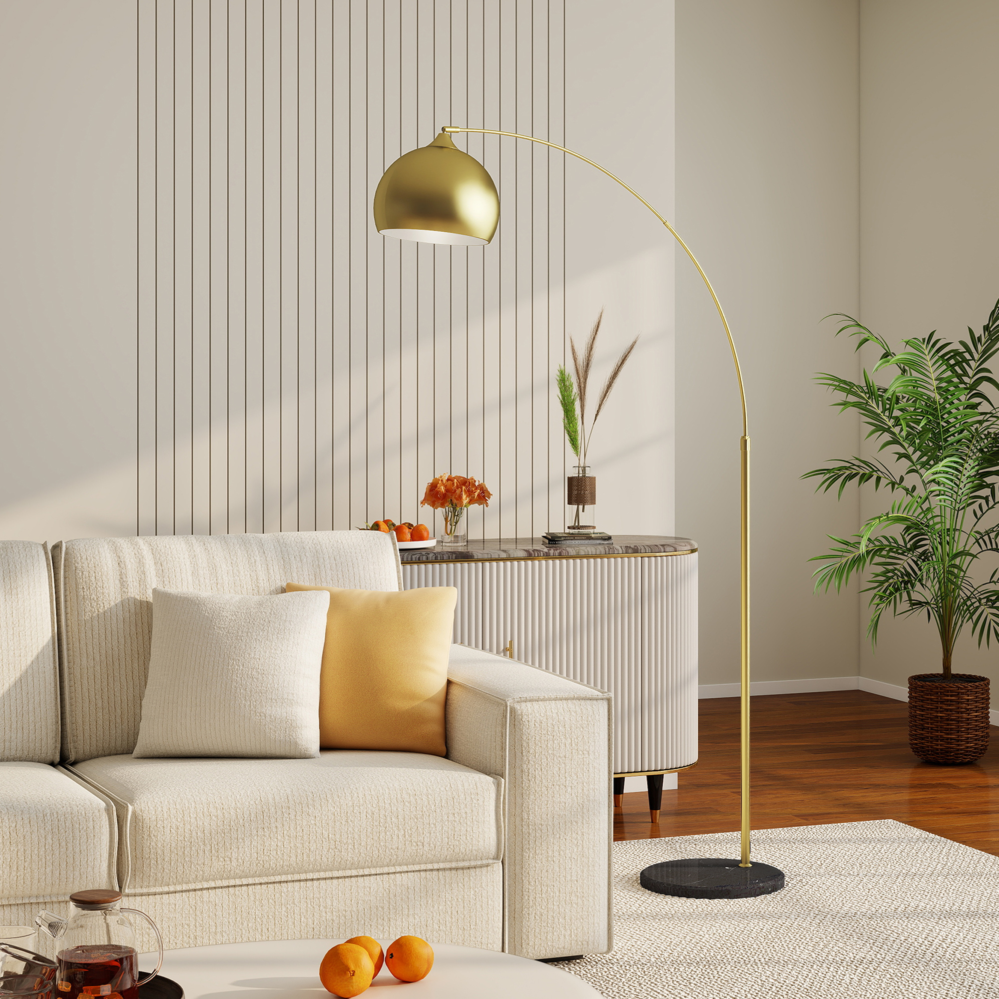 Bogenleuchte, Stehlampe, höhenverstellbar, Fußschalter, Sockel in Marmoroptik, 170-180cm, Gold/Schwarz