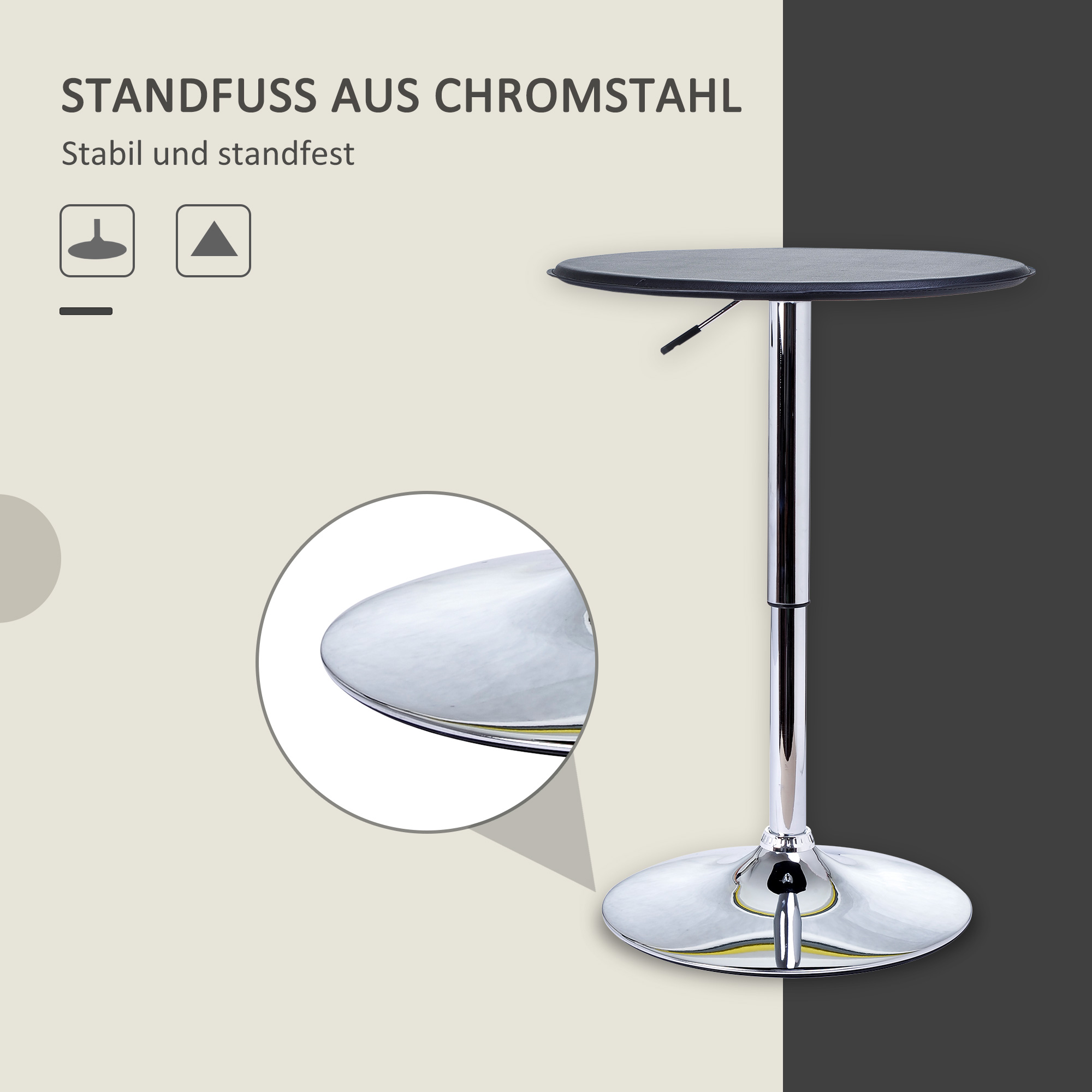 Bartisch, höhenverstellbar, Kunstlederbezug, Vintage-Design, Schwarz + Silber