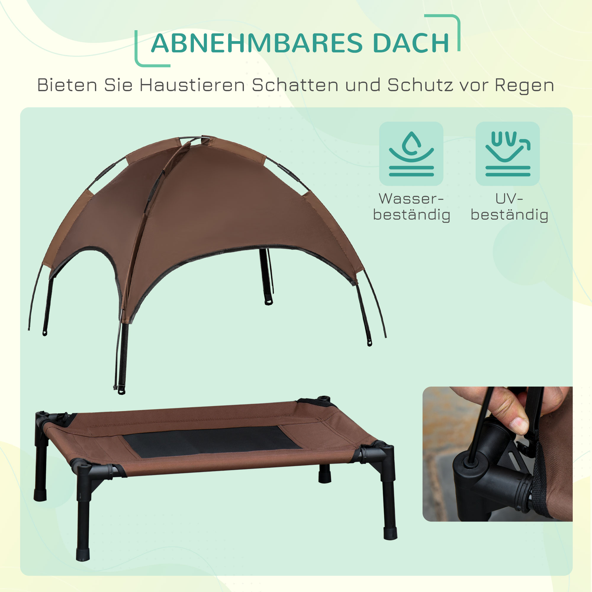erhöhtes Hundebett mit Baldachin, Haustierbett, Hundeliege outdoor mit Dach, Atmungsaktiv, Taftstoff für Camping Kaffee 76 x 61 x 73 cm