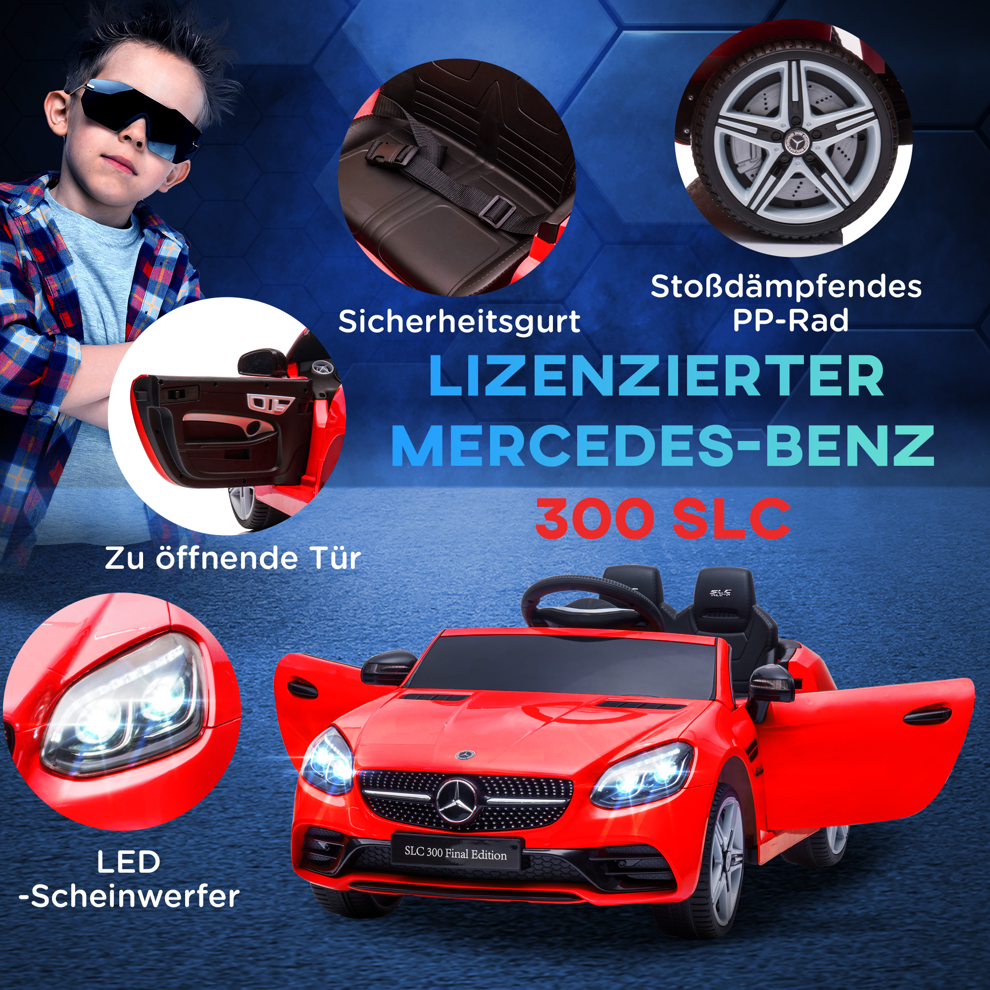 Kinder-Elektroauto mit LED-Scheinwerfern, Sicherheitsgurt, Hupe, Musik, 3-5 km/h, 3-6 Jahre, Rot