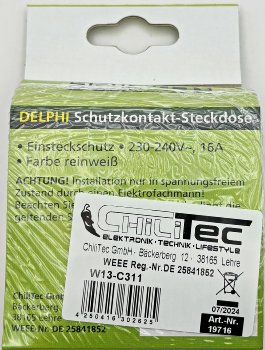 DELPHI Schutzkontakt-Steckdose / 250V~/ 16A, inkl. Rahmen, UP, weiß