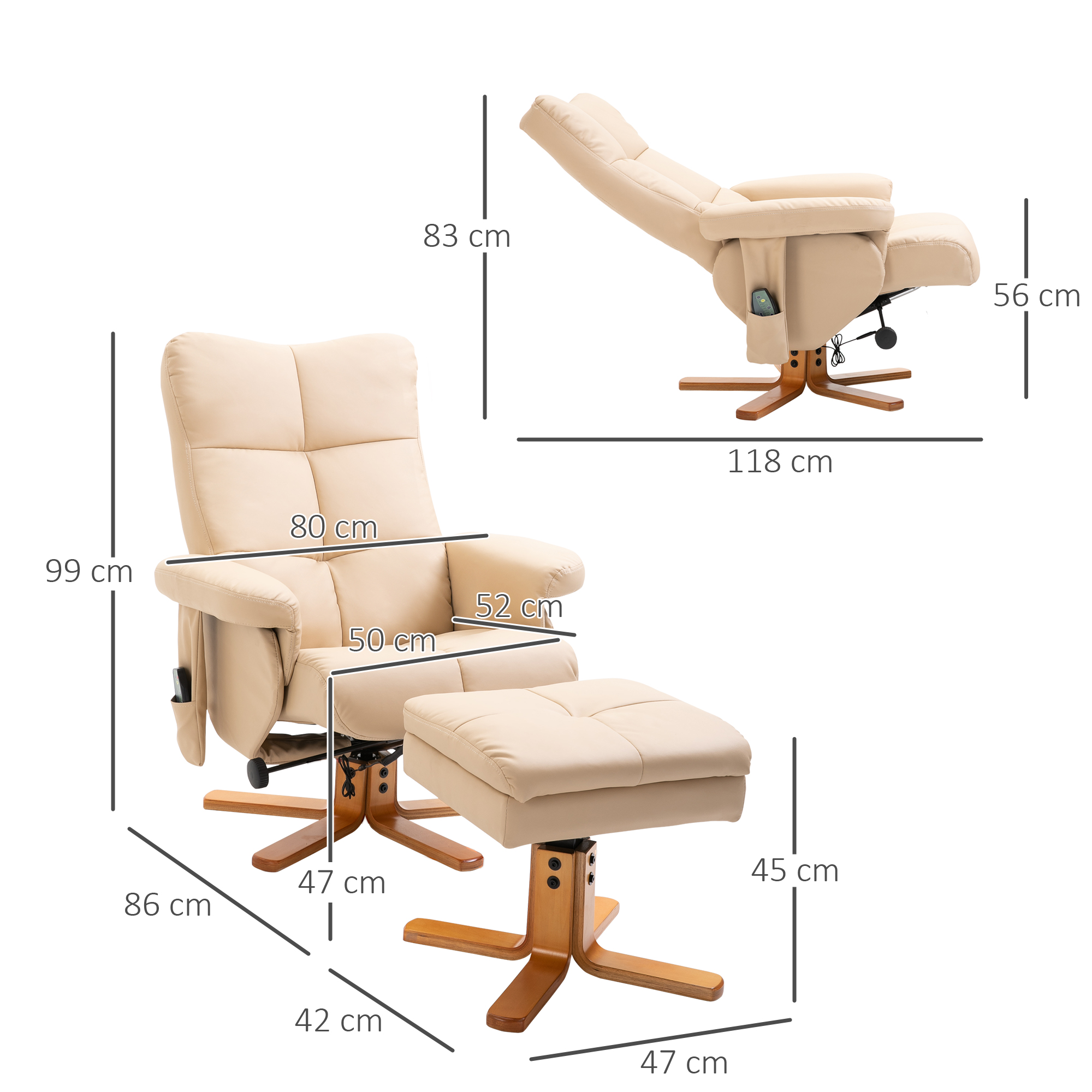 Relaxsessel Massagesessel mit Fußhocker Stauraum Liegefunktion Fernsehsessel mit Massagefunktion TV Sessel 145°-Neigung Polyester Cremeweiß 80 x 86 x 99 cm