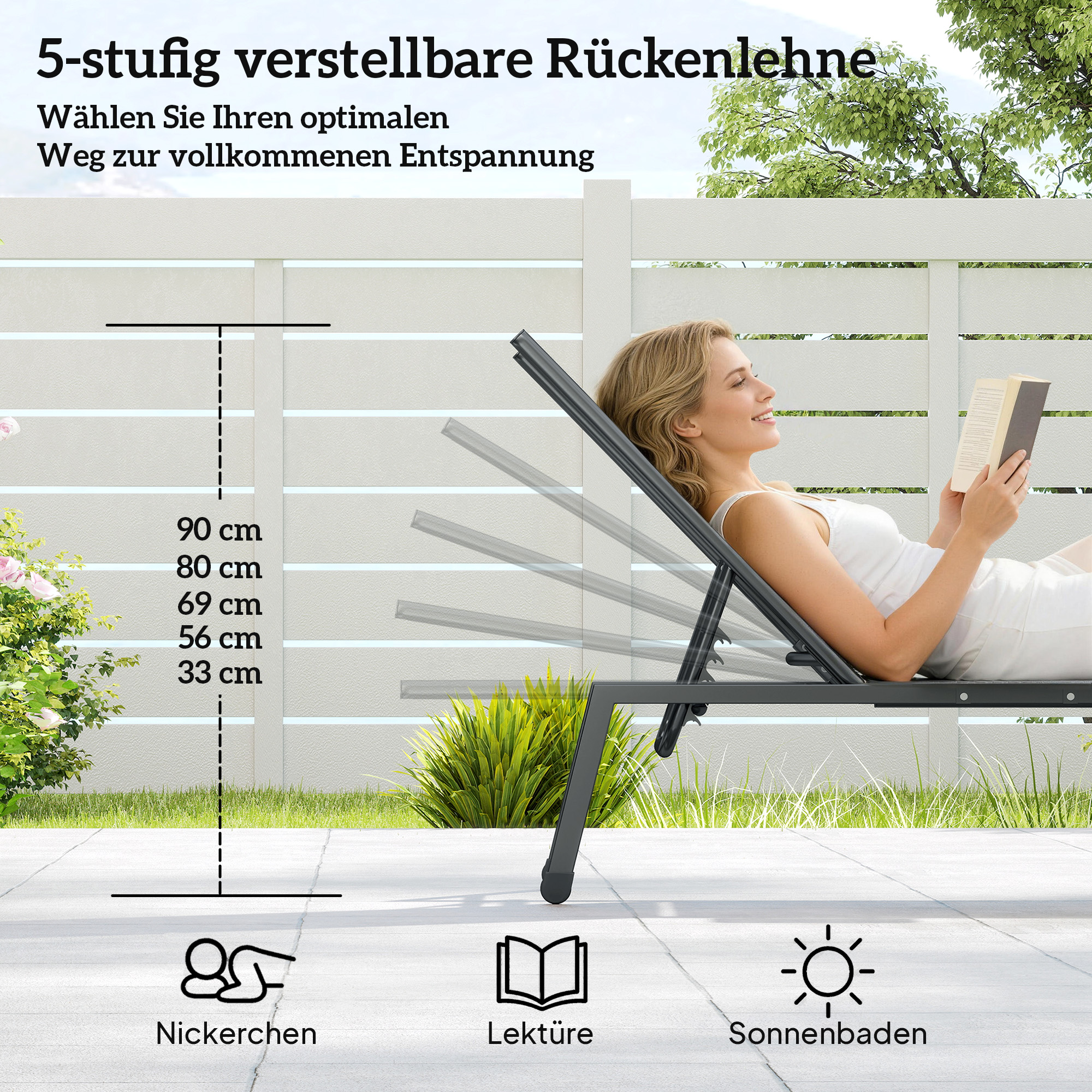 2er Set Sonnenliege Gartenliege mit 5-Fach höhenverstellbarer Rückenlehne Seitentisch 2 Räder, rutschfeste Füße Grau