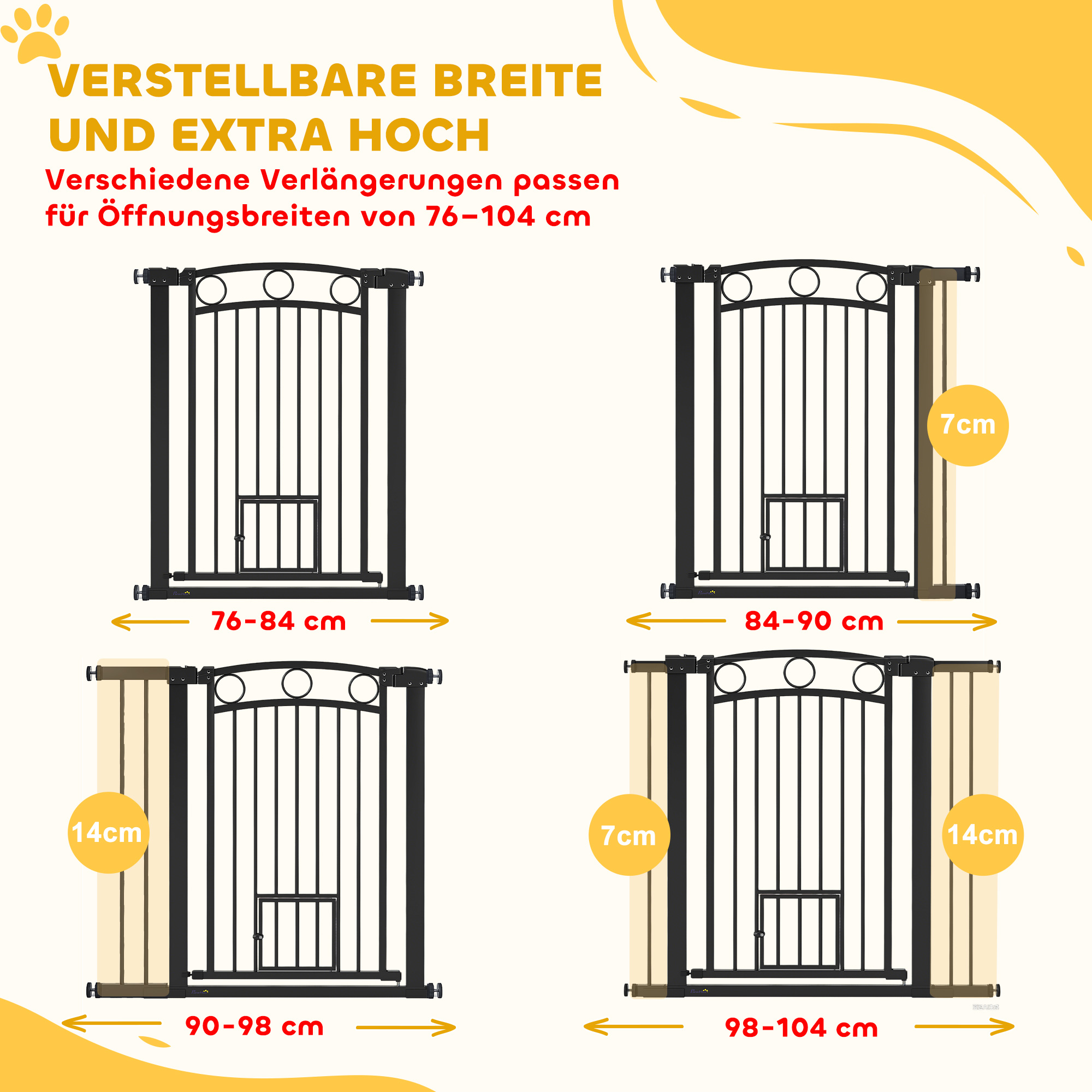 Haustiertor, 96 cm Treppengatter, verstellbare Breite 76-104 cm, mit Katzentür, für Treppen und Türöffnungen, Schwarz