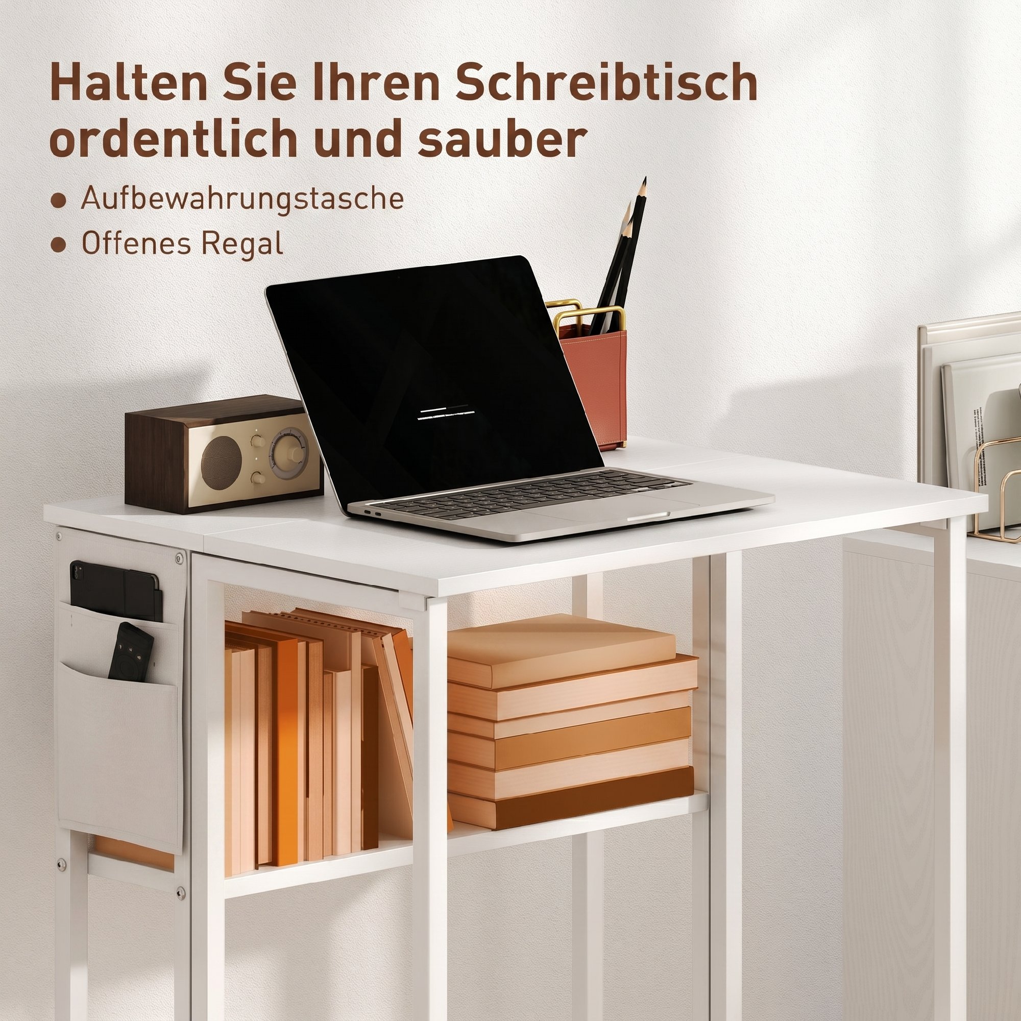 faltbarer Schreibtisch, zum Beistelltisch umwandelbar, offenes Regal, Weiß