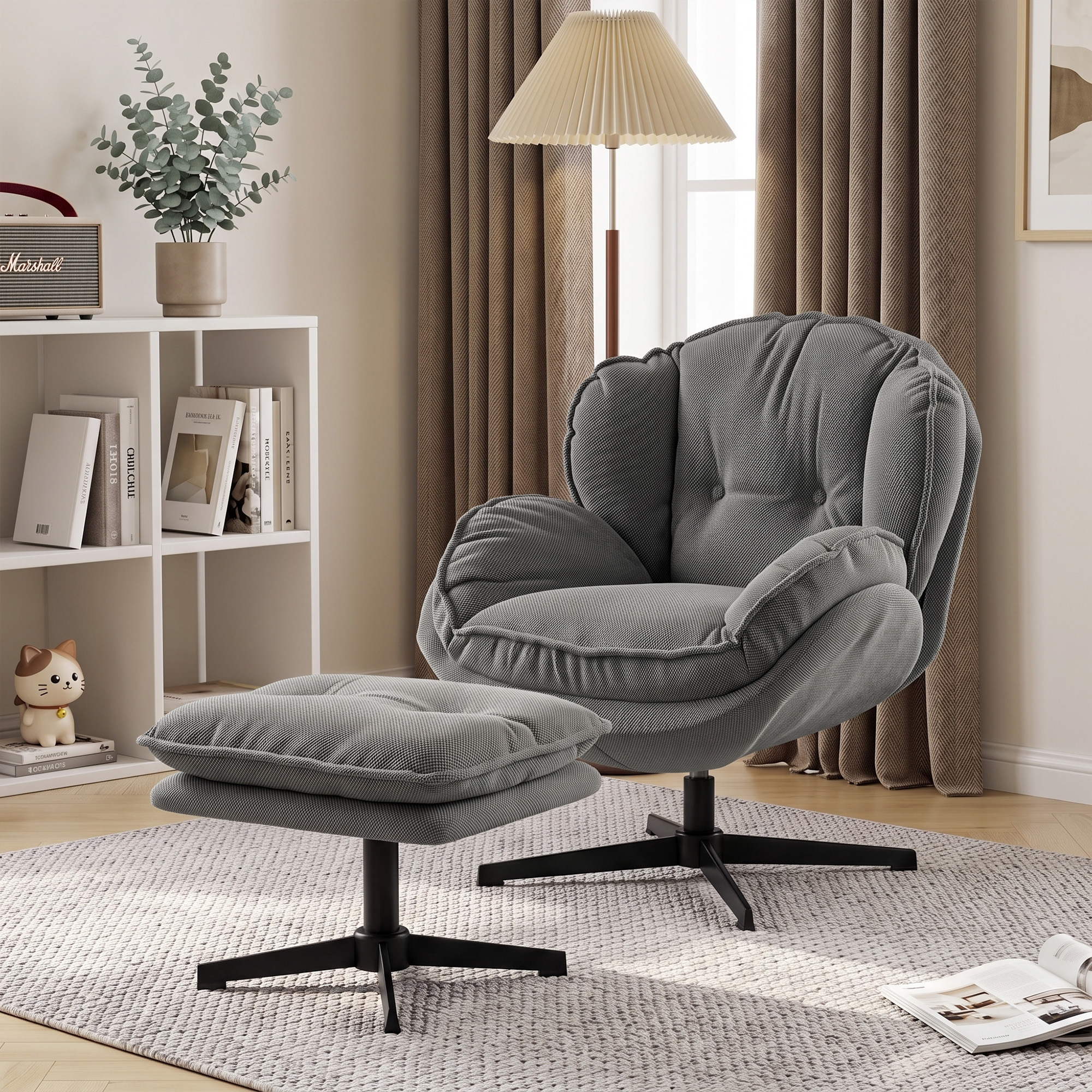 Sessel mit verstellbarem Fußhocker, 360° drehbar, Chenille-Bezug, dicke Polsterung, Grau