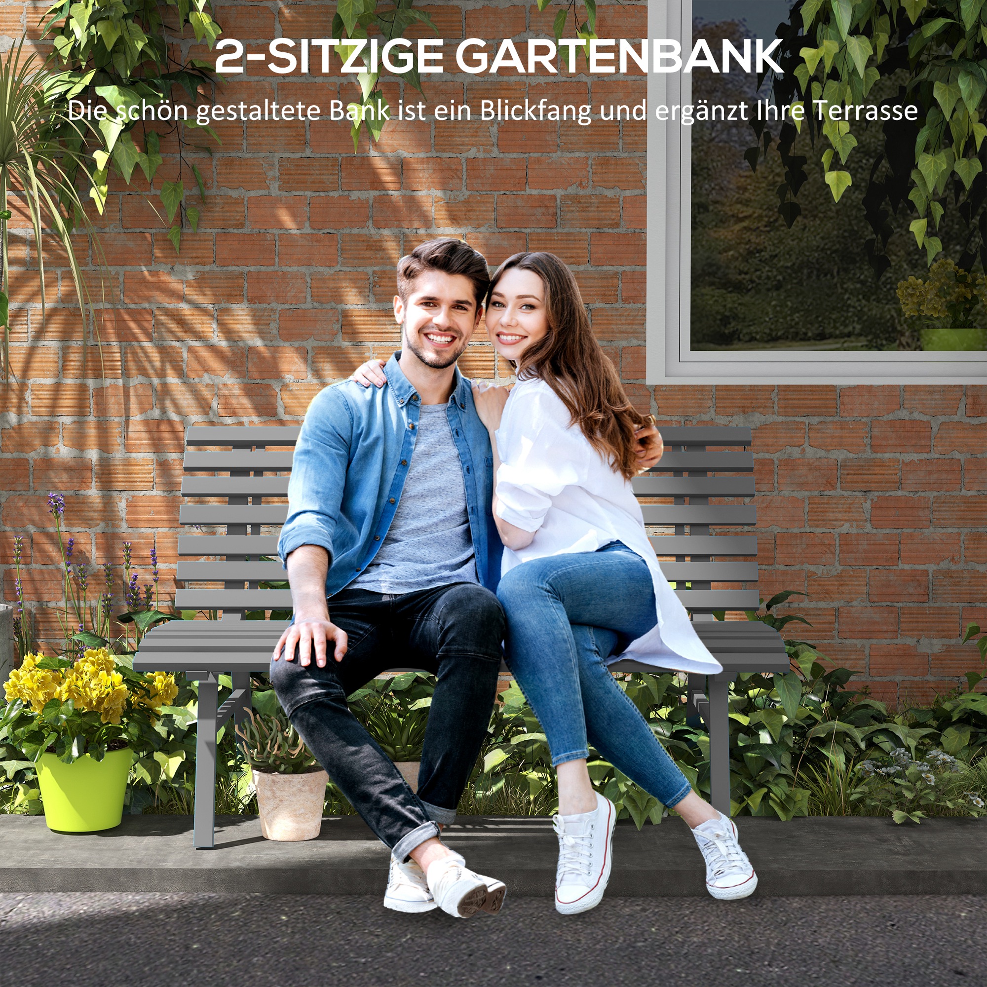 Gartenbank Sitzbank Parkbank, Lattendesign, wetterbeständig, Aluminium, 123 x 67 x 79 cm, Grau
