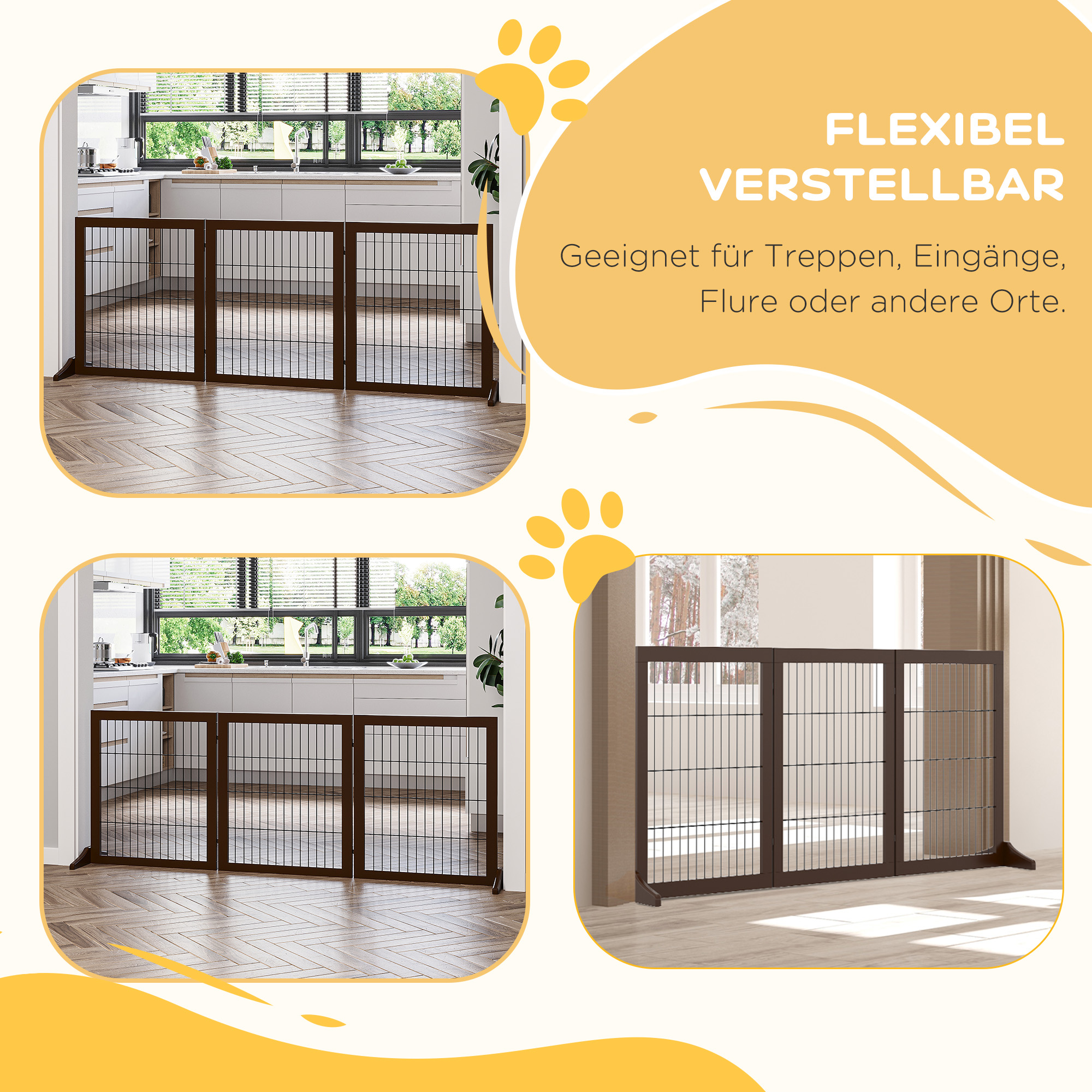 Absperrgitter Hund Freistehendes Schutzgitter mit Füßen 185 x 71 cm Holz Hundegitter Treppenschutzgitter Treppengitter Hundeabsperrgitter für Treppen, Türen, Küche, Flur, 3 Paneelen, Braun