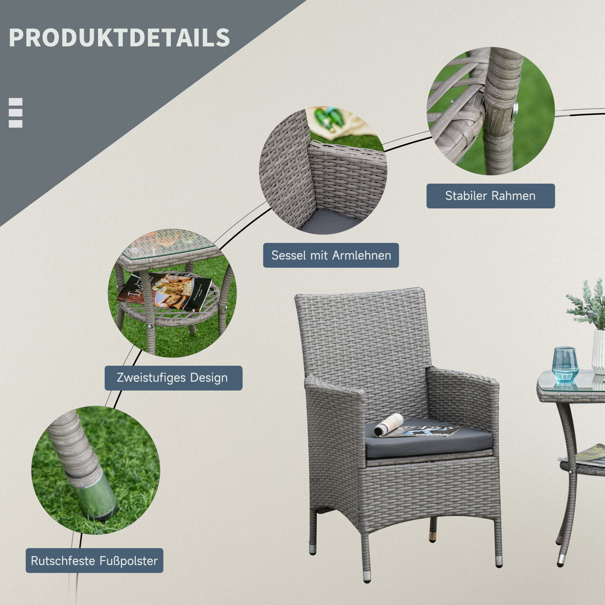 Polyrattan Gartenmöbel Set, Outdoor Lounge Balkonmöbel für 2 Personen, 3-teilig Sitzgruppe, 2 Stühle, Tisch Sitzkissen, Gartenlounge für Garten, Terrasse, Balkon, Grau
