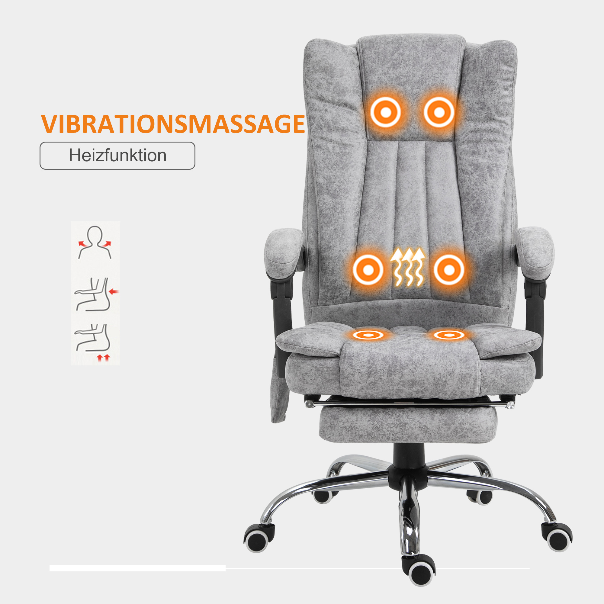 Bürostuhl mit Massagefunktion, Ergonomischer Schreibtischstuhl mit Heizfunktion, Liegefunktion, Höhenverstellbarer Drehstuhl mit Fußstütze, Seitentasche, grau