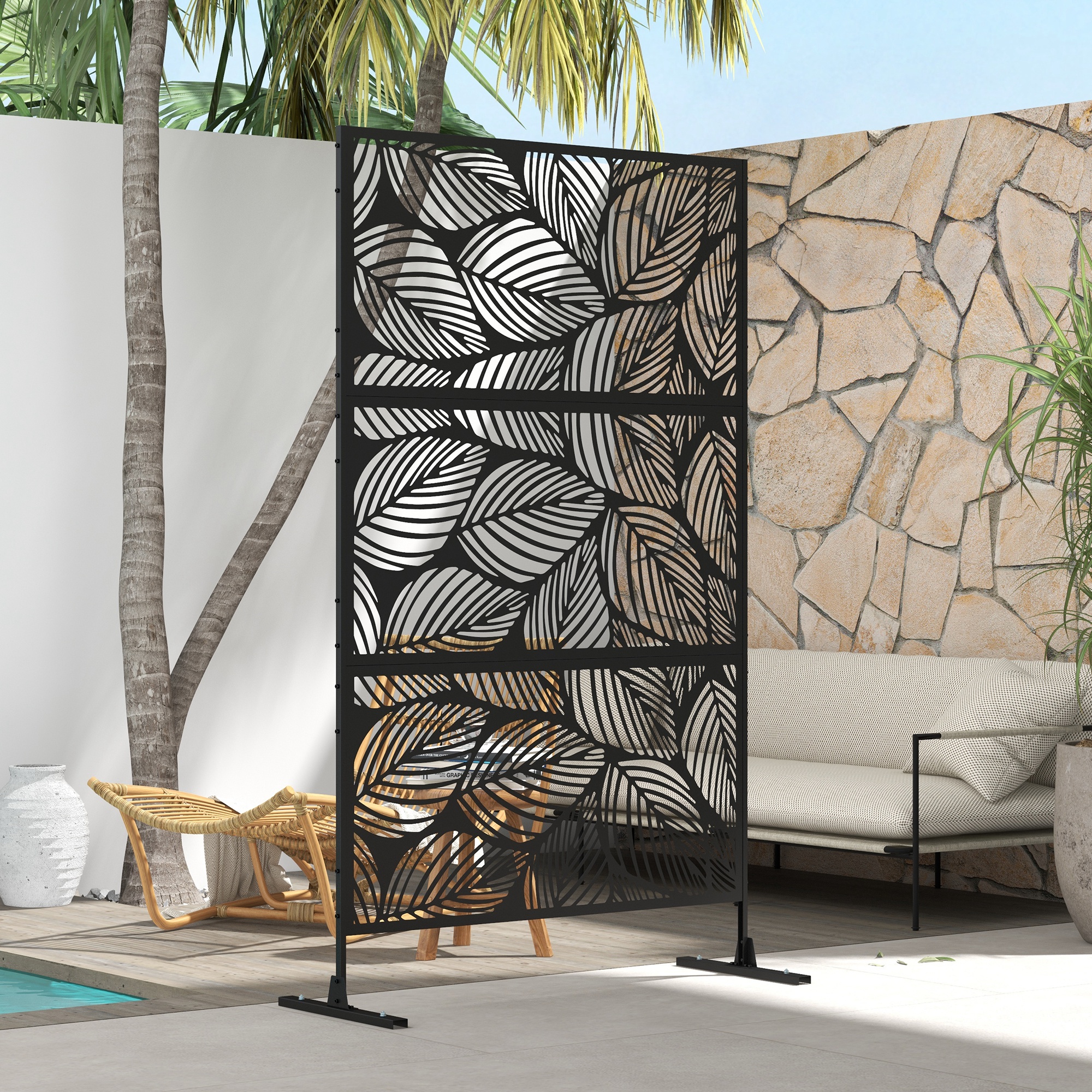 Sichtschutz Sichtschutz Garten Gartenabtrennung, florale Muster, Metall, 122 x 45 x 198 cm, Schwarz