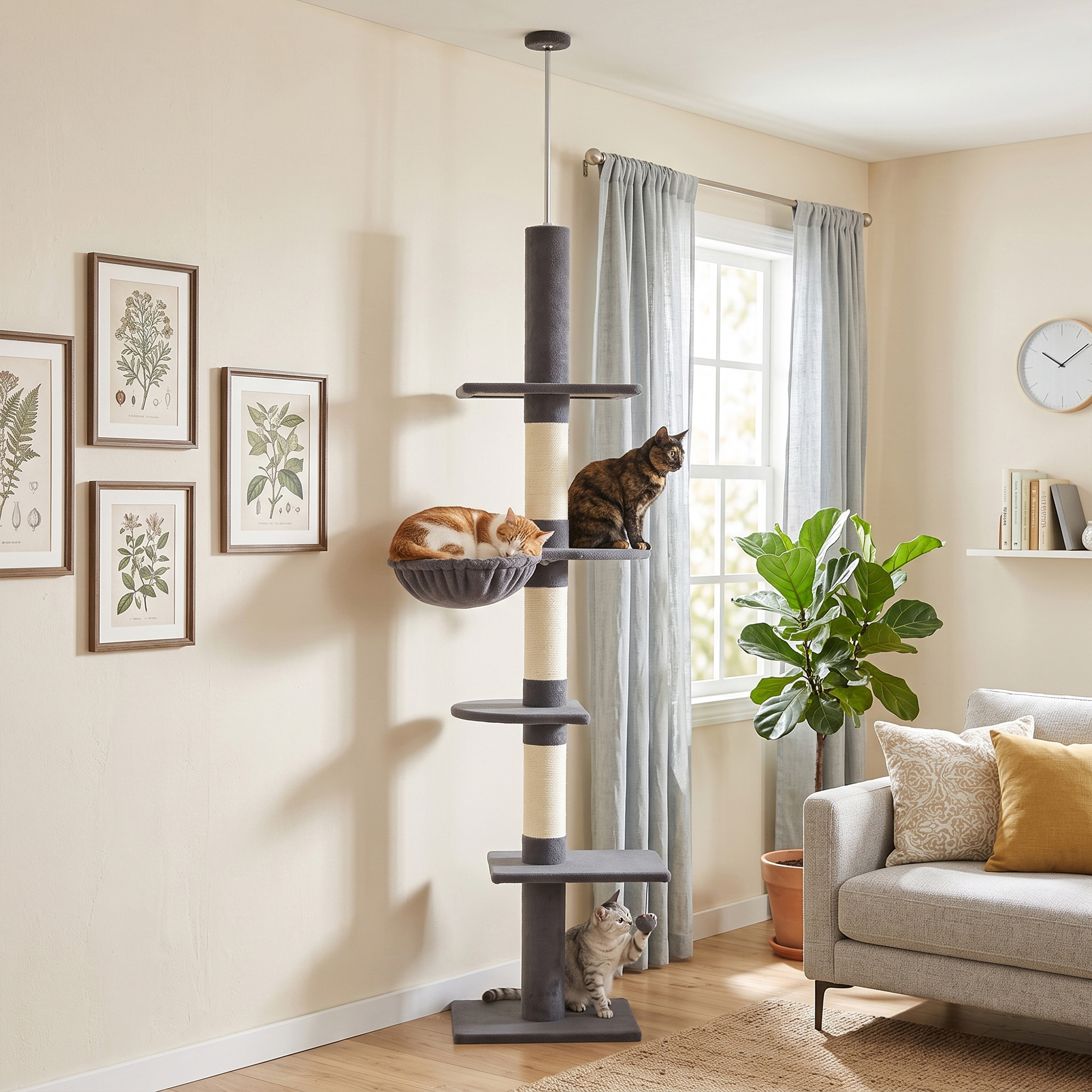 Kratzbaum Deckenhoch 225-255 cm höhenverstellbar Katzenbaum mit 5 Etagen 3 Sisal-Kratzstämmen, Hängematte, Plattformen