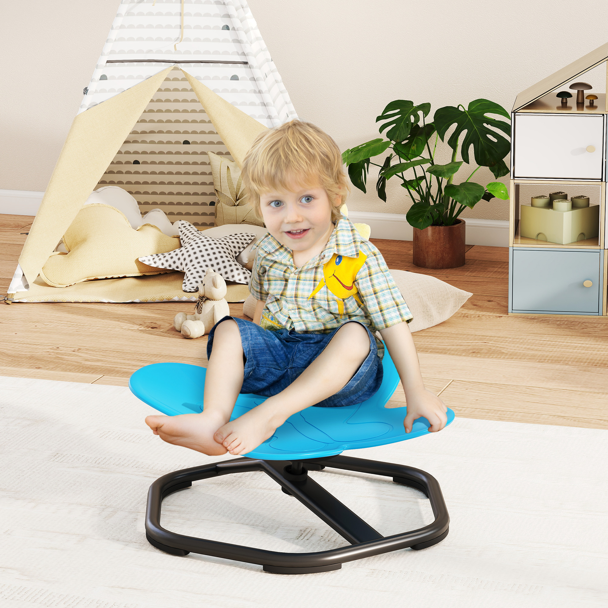 Sensorischer Drehstuhl für Kinder, Schmetterlings-Form, fördert Balance und Koordination, Kunststoff, Metall, Blau