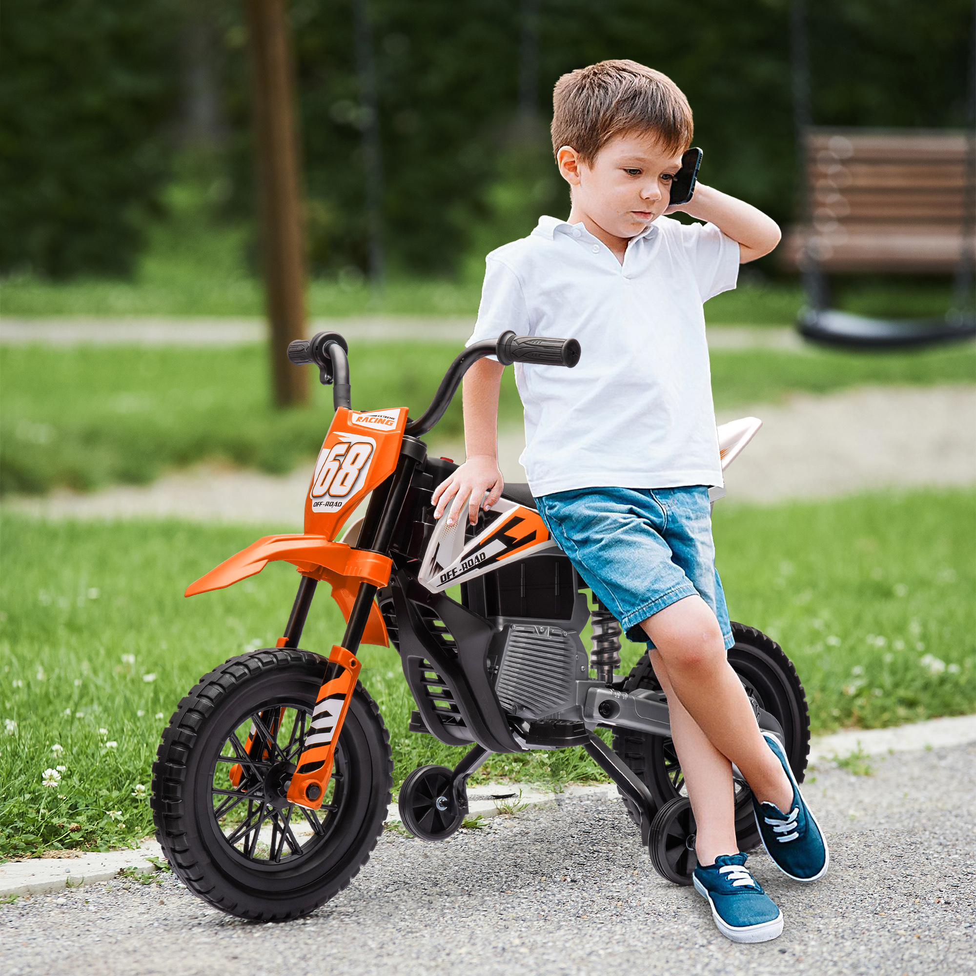 Elektro-Motorrad für Kinder, 12V Kindermotorrad mit Musik, Kinderfahrzeug mit Trainingsrädern, 3-6 Jahre, Orange