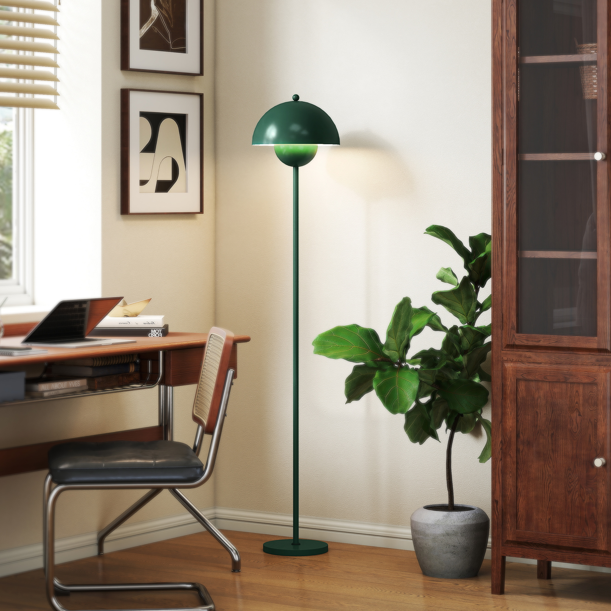 Stehlampe, runder Schirm, Fußschalter, langes Kabel, eleganter Look, Stahl, Grün