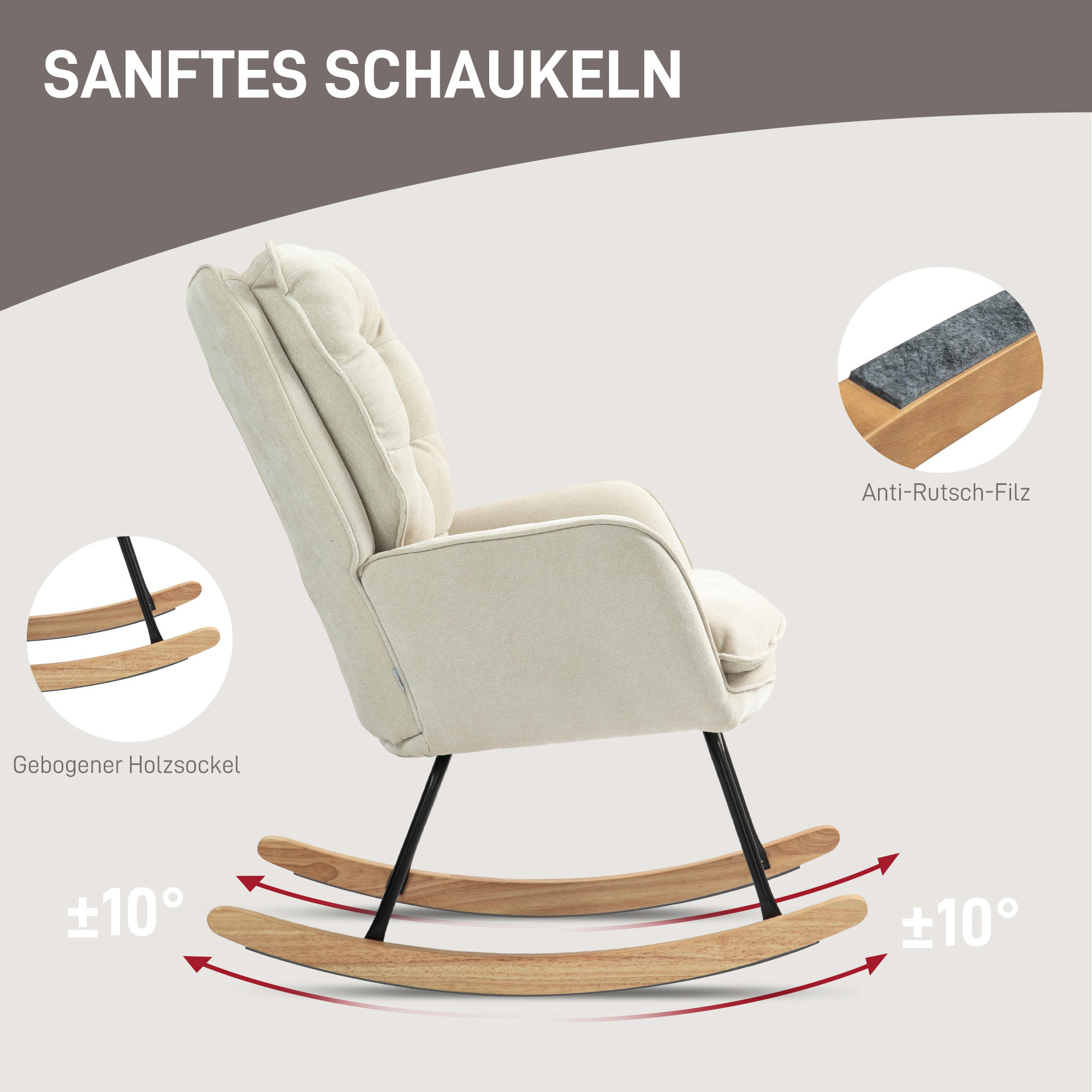 Schaukelstuhl, breiter Sitz, hohe Rückenlehne, Buchenholzrahmen, bis 120 kg, Beige