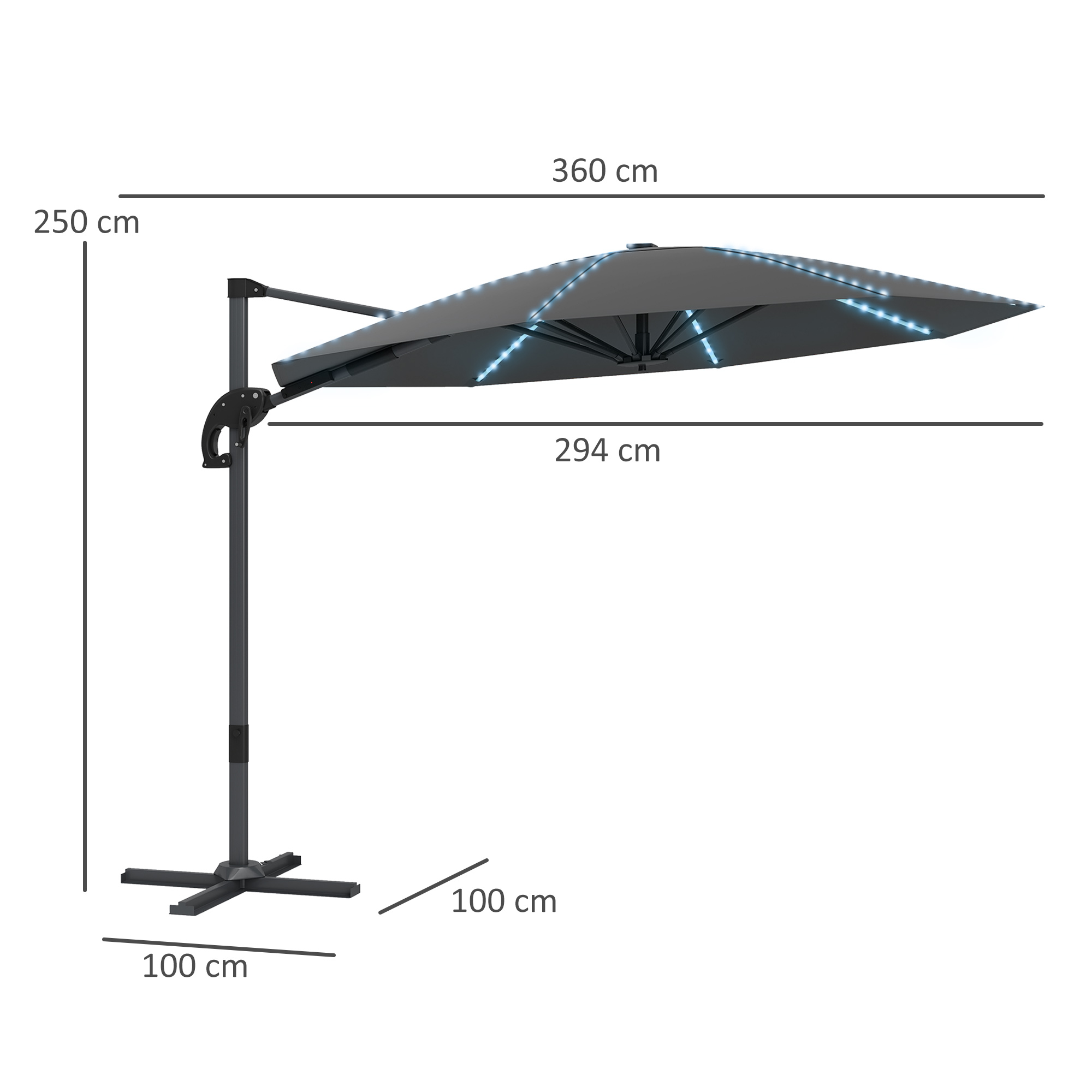 Alu Ampelschirm LED Solar Ø300 cm höhenverstellbar Sonnenschirm mit Kurbel Ständer UV50+ Dunkelgrau