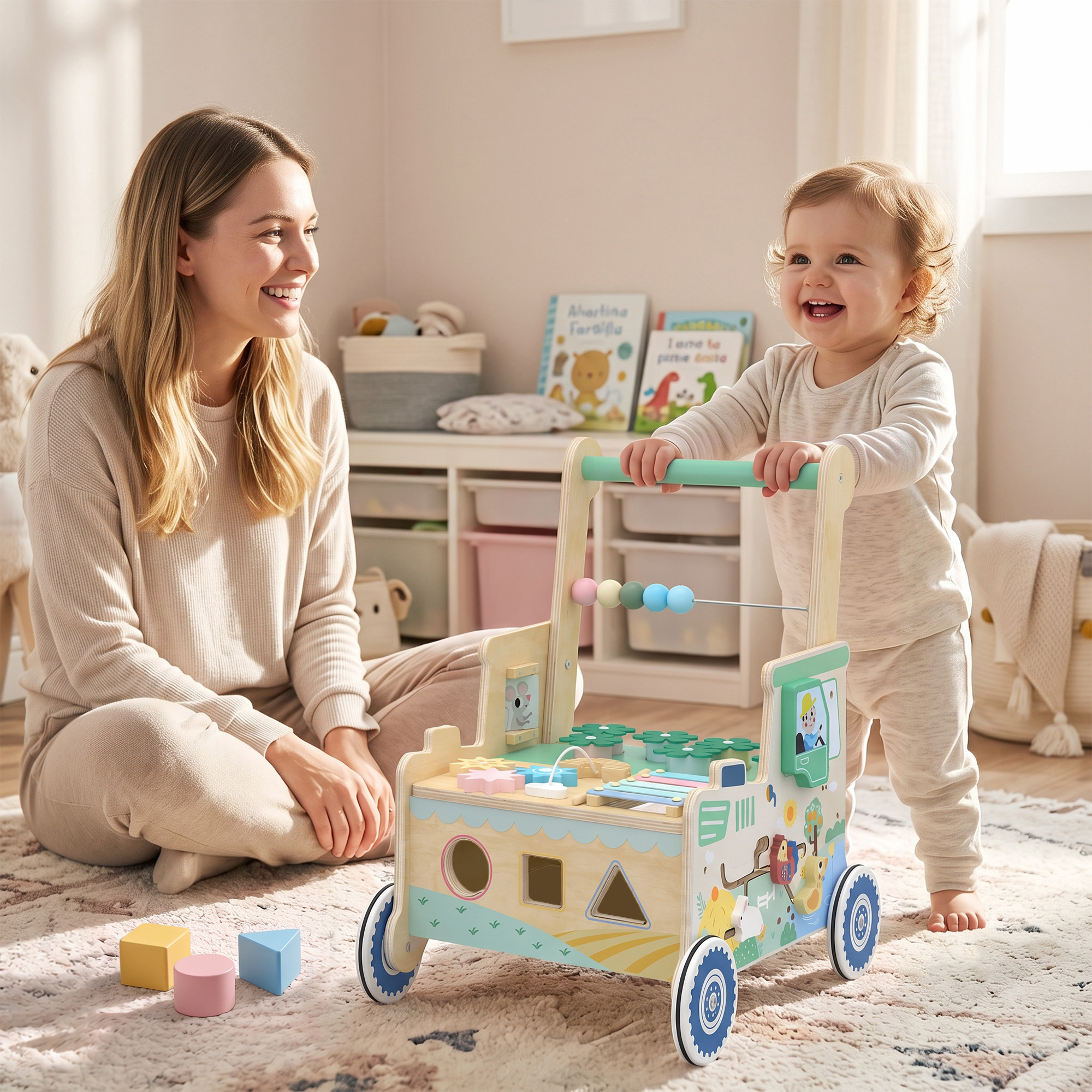 Baby Lauflernwagen Lauflernhilfe mit Rädern Bauklötze Stauraum Montessori Aktivitätszentrum für 1-3 Jahre Grün
