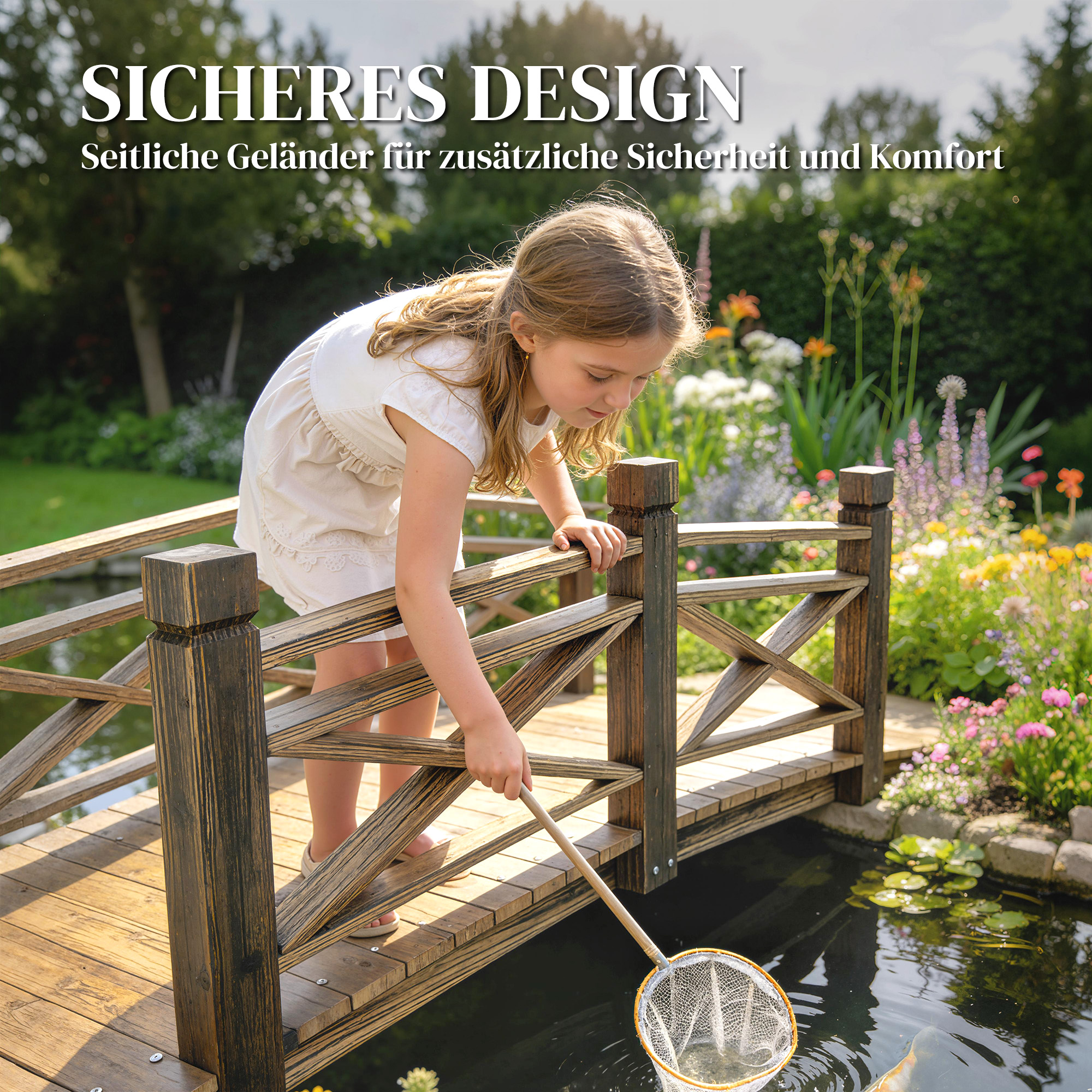 Holzbrücke mit Geländer Gartenbrücke aus Tannenholz Teichbrücke mit Antik-Optik, begehbar 174 x 78 x 57,5 cm Verkohlt