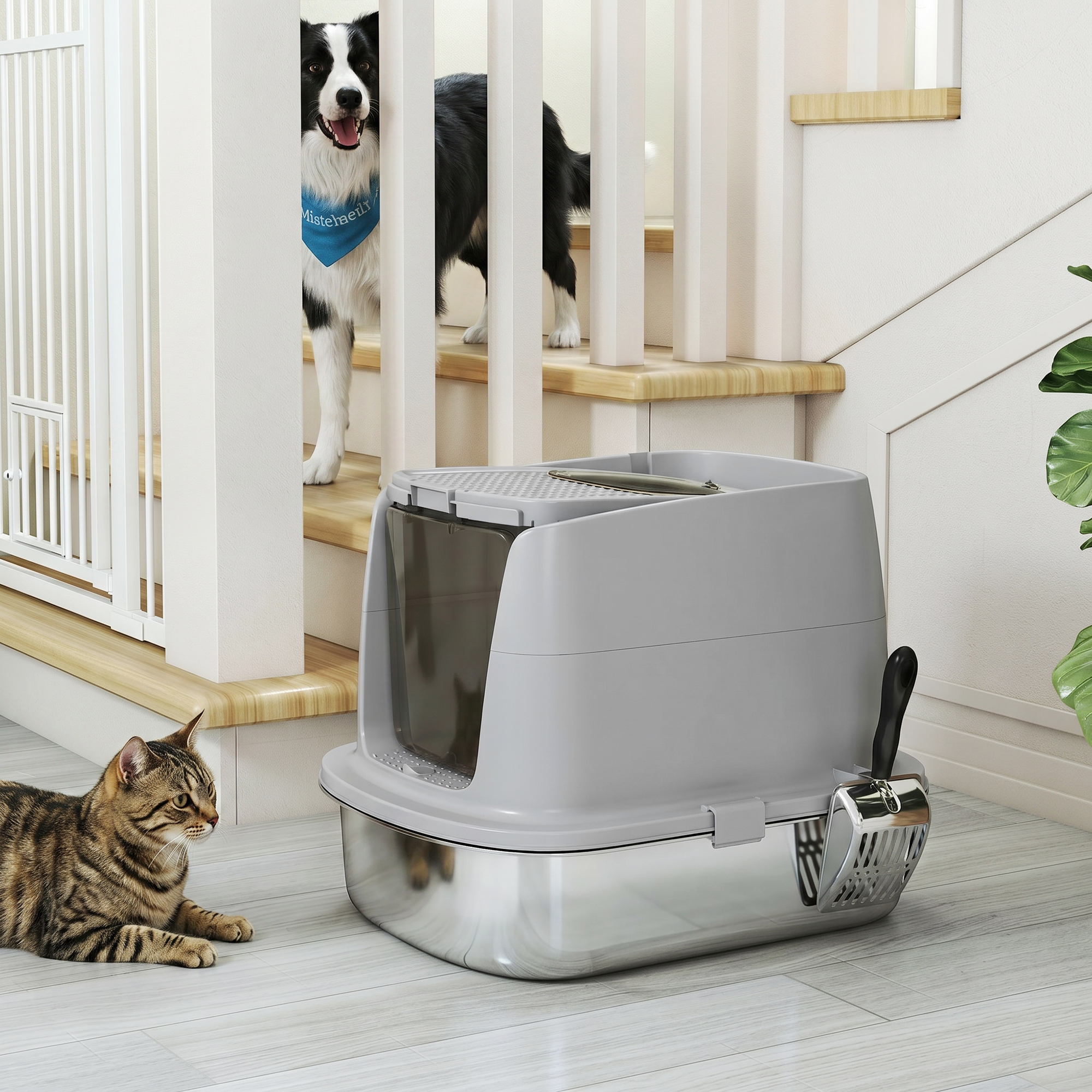 Katzentoilette Edelstahl, geschlossene Katzentoilette mit Schaufel, Geruchsbeutel, Einstieg Ausgang