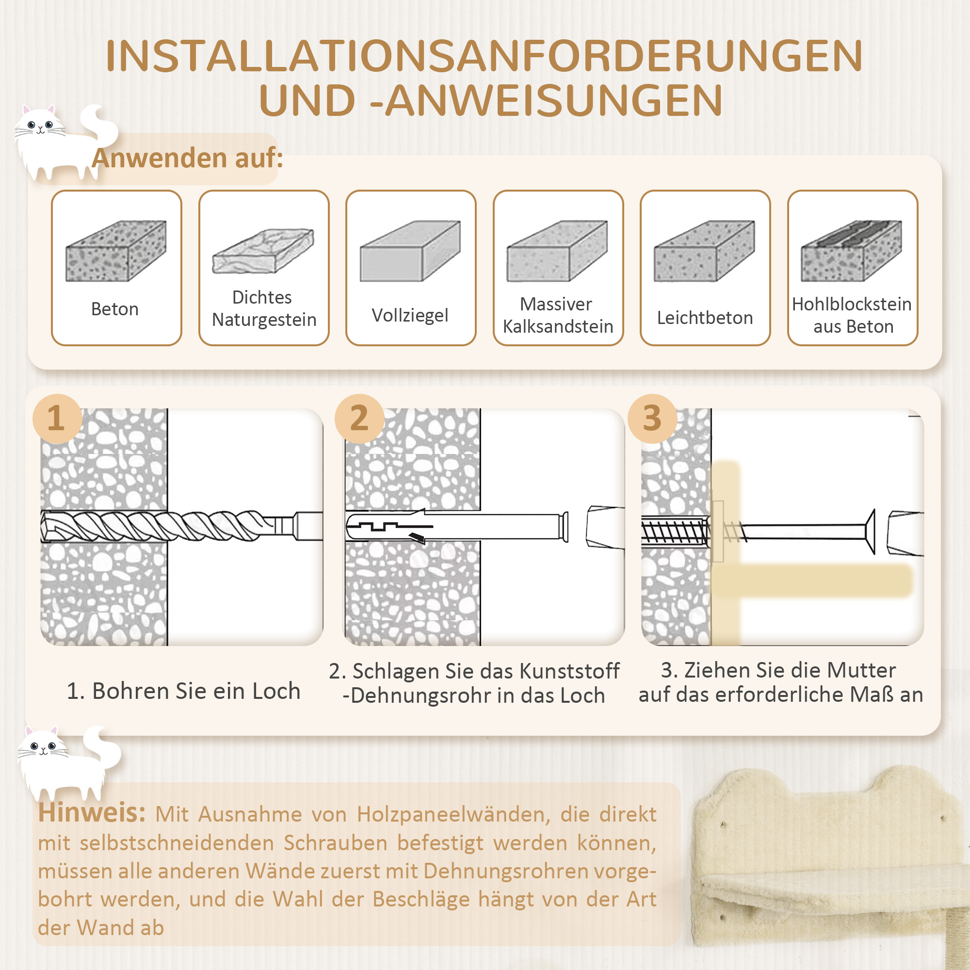 Kletterwand-Set für Katzen, 4-teilig, mit Katzentreppe, Hängematte, Plattform und Kratzbaum, Beige
