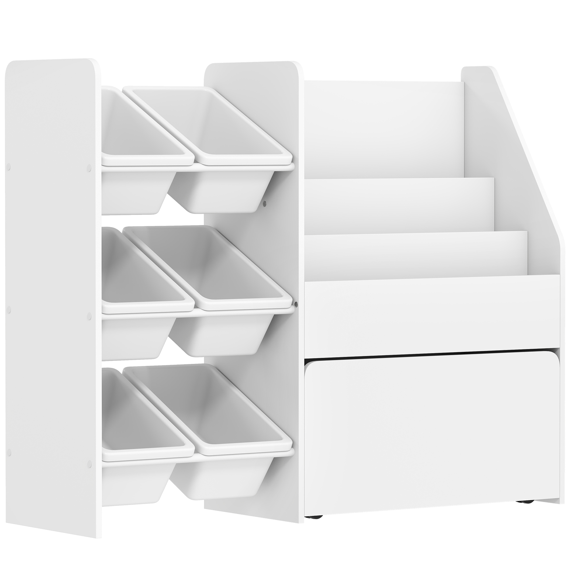 Spielzeugregal, Kinderzimmerregal mit 6 Behälter, Bücherablage, rollbare Box, 100 x 30 x 80 cm, MDF, Stahl, Weiß