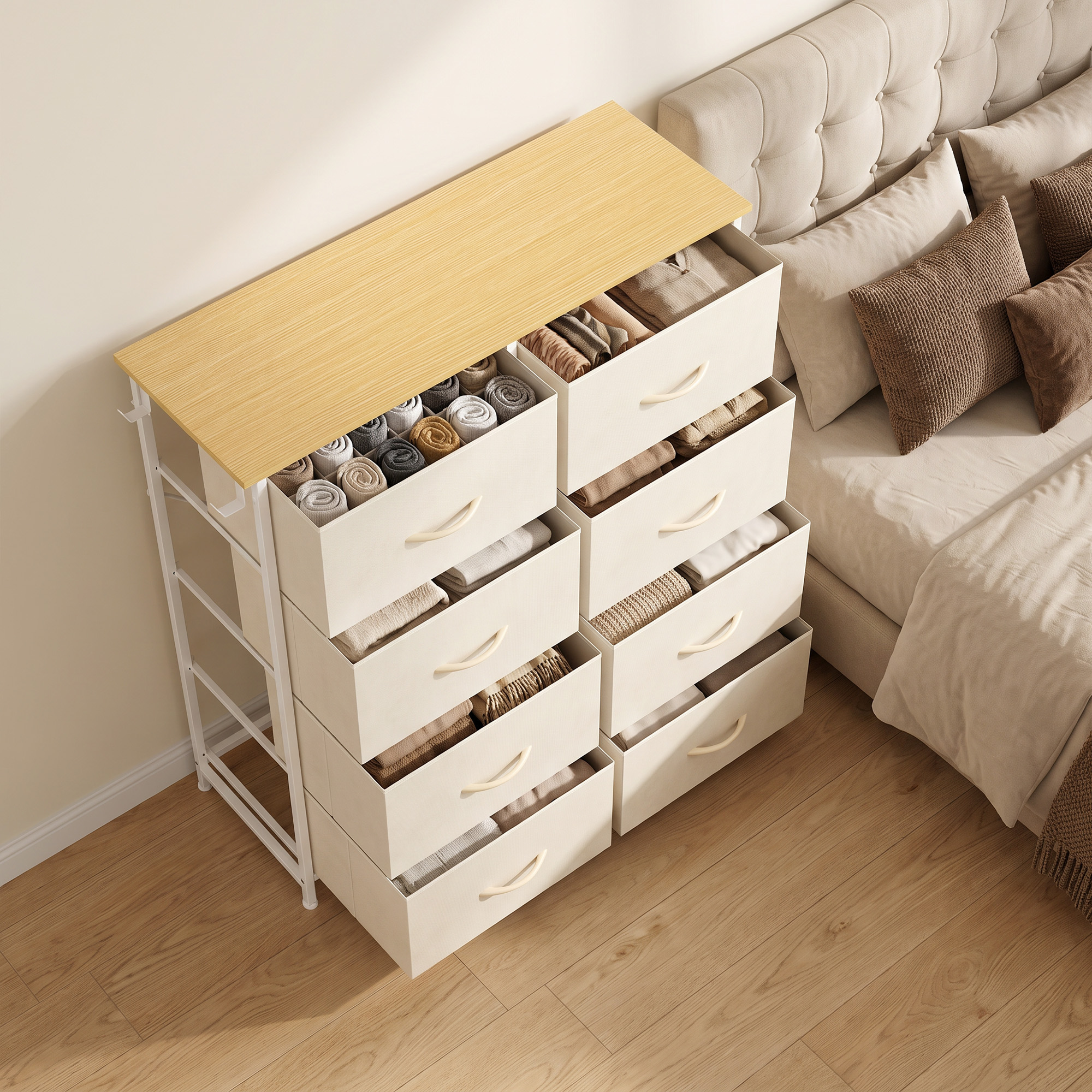 Schlafzimmer-Kommode mit 8 Stoffschubladen, Stahlstreben, Holzoberfläche, 4 Aufbewahrungstaschen, 2 Haken, Beige