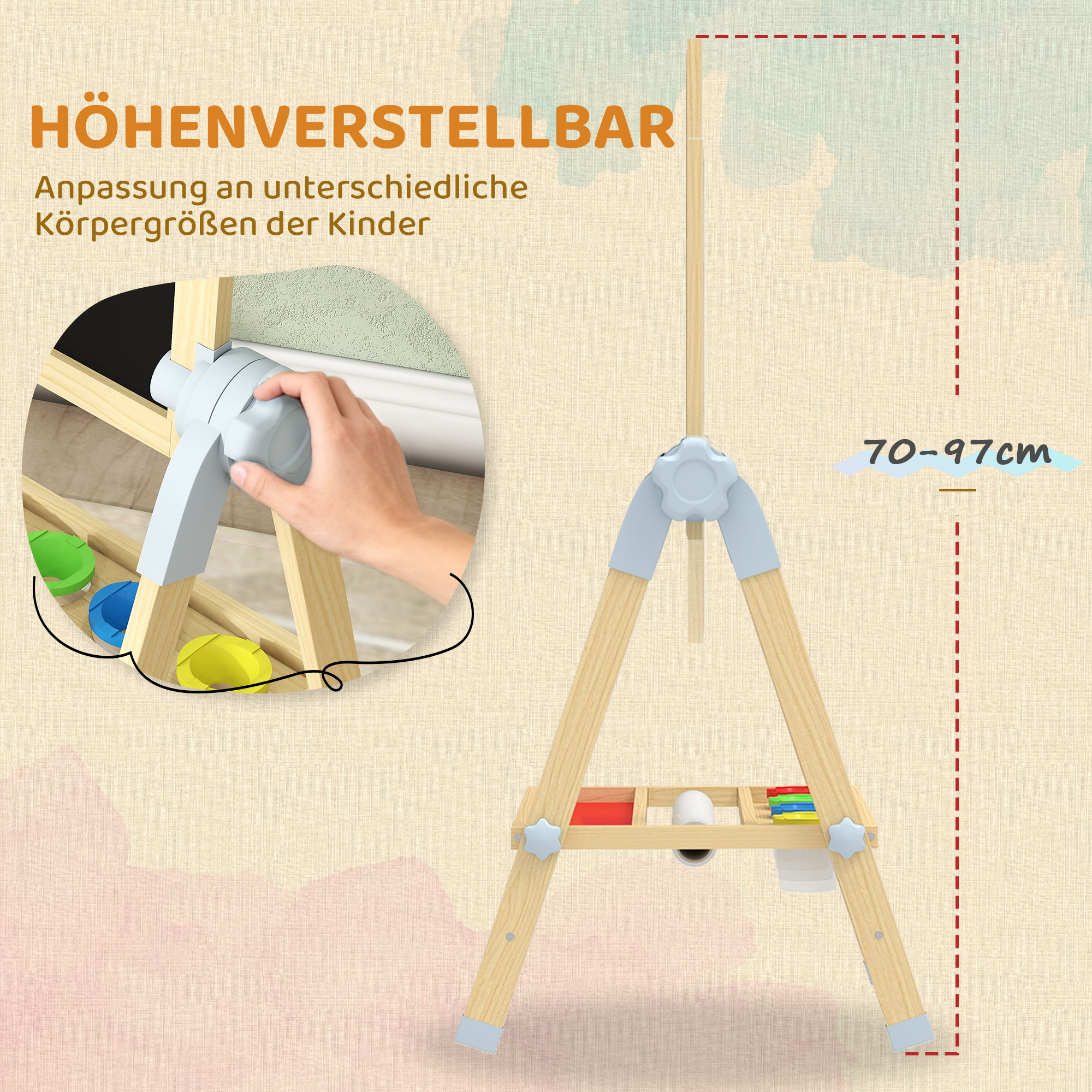 Kinder Staffelei aus Holz, Doppelseitige Whiteboard und Tafel Höhenverstellbar Standtafel mit Papierrolle, Ablage, Natur