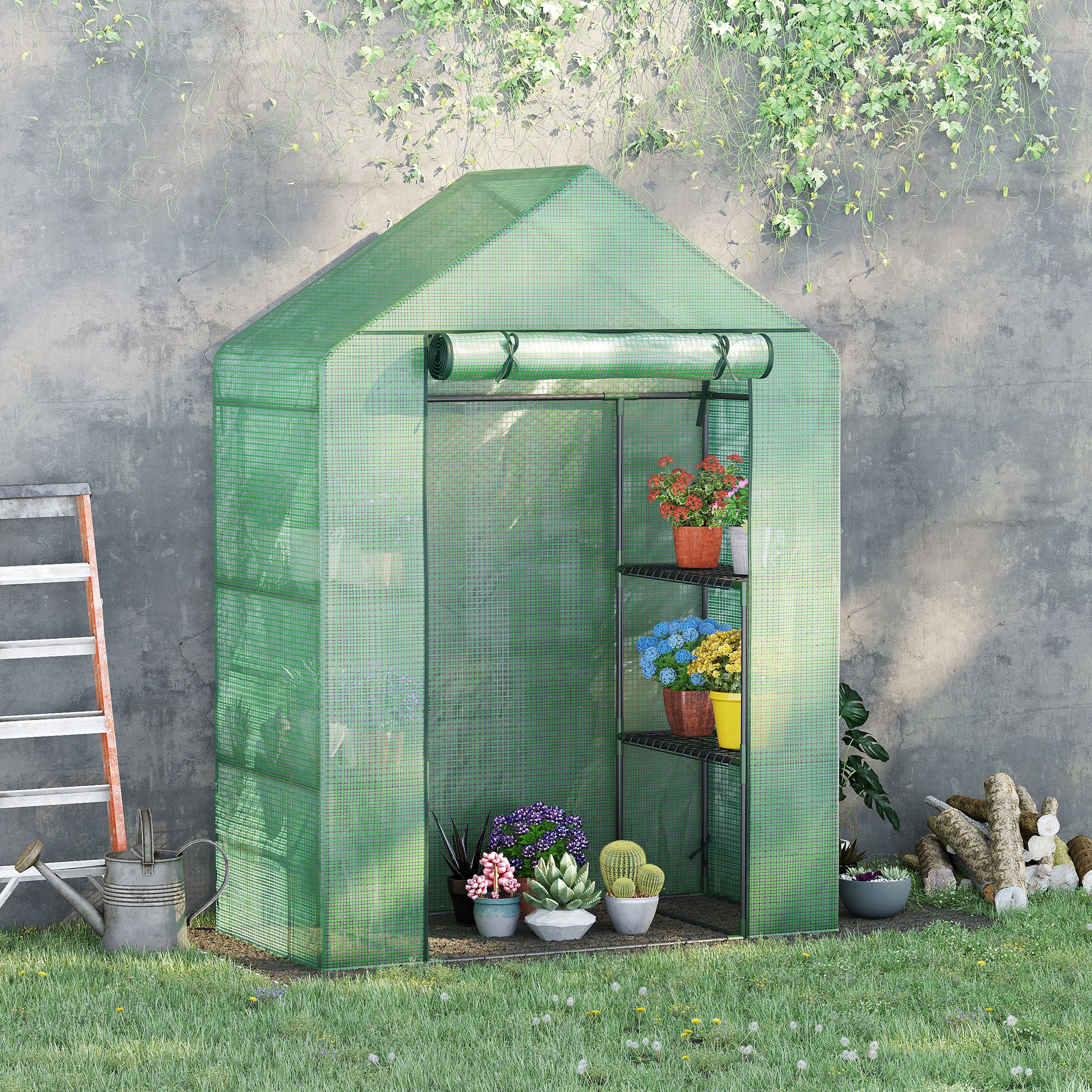 Foliengewächshaus Gewächshaus mit 6 Regalebenen begehbares Gartenhäuschen Treibhaus Tomatenhaus Pflanzenhaus mit aufrollbarem Eingang Frühbeet Grün 141 x 72 x 191 cm