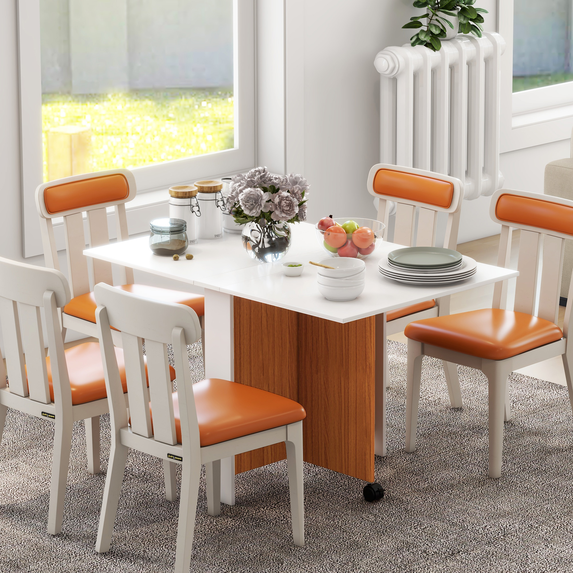 ausklappbarer Esstisch, ausziehbarer Esstisch, mobil, modernes Design, 120 cm x 80 cm x 73 cm, Teak + Weiß