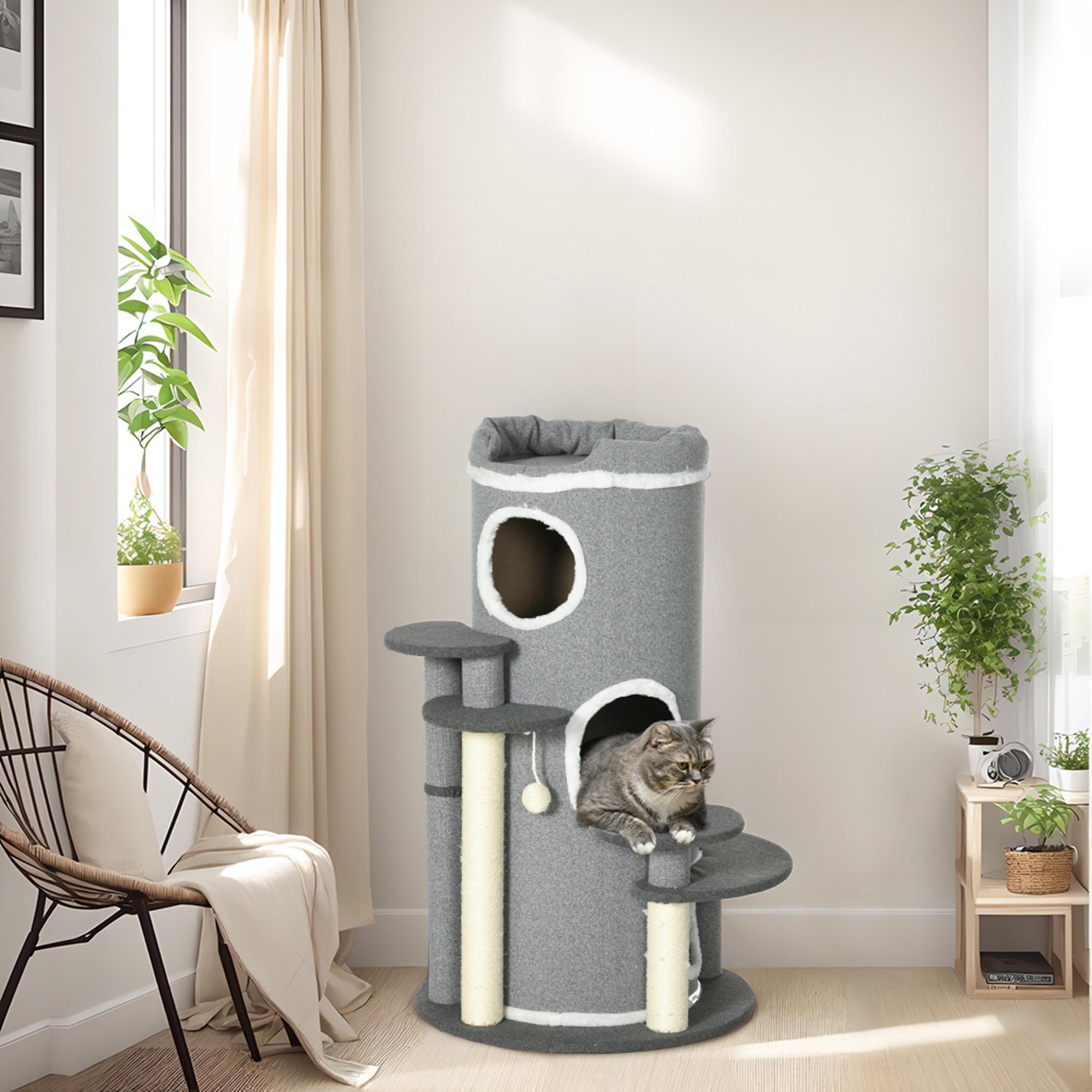 Kratzbaum Kratztonne, 2 Katzenhöhlen, 4 Liegeflächen, 4 Kratzpfosten, 57 cm x 57 cm x 99 cm, Grau + Weiß