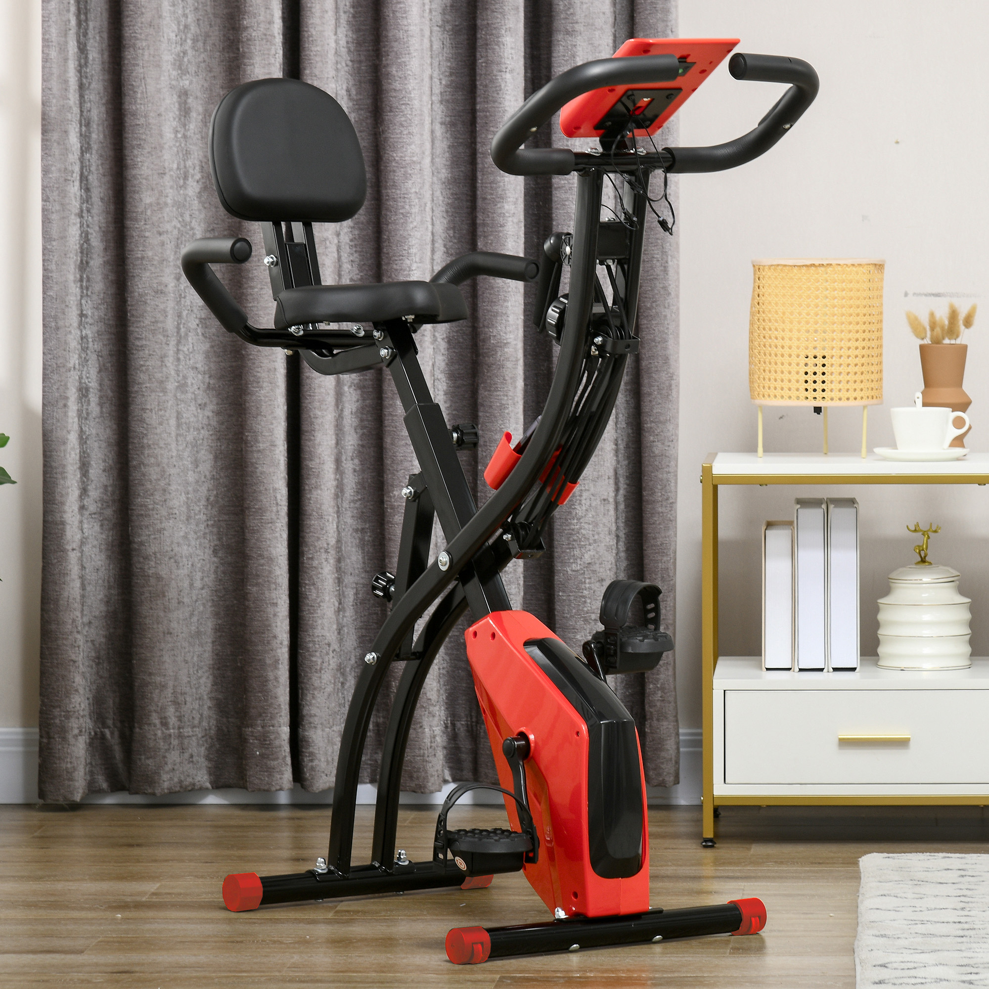 Heimtrainer 2-in-1 Fahrradtrainer mit LCD-Display Pulsmesser verstellbar Sitz Räder, klappbarer Hometrainer Trimmrad mit 8 stufig Magnetwiderstand, Spannseil, Stahl