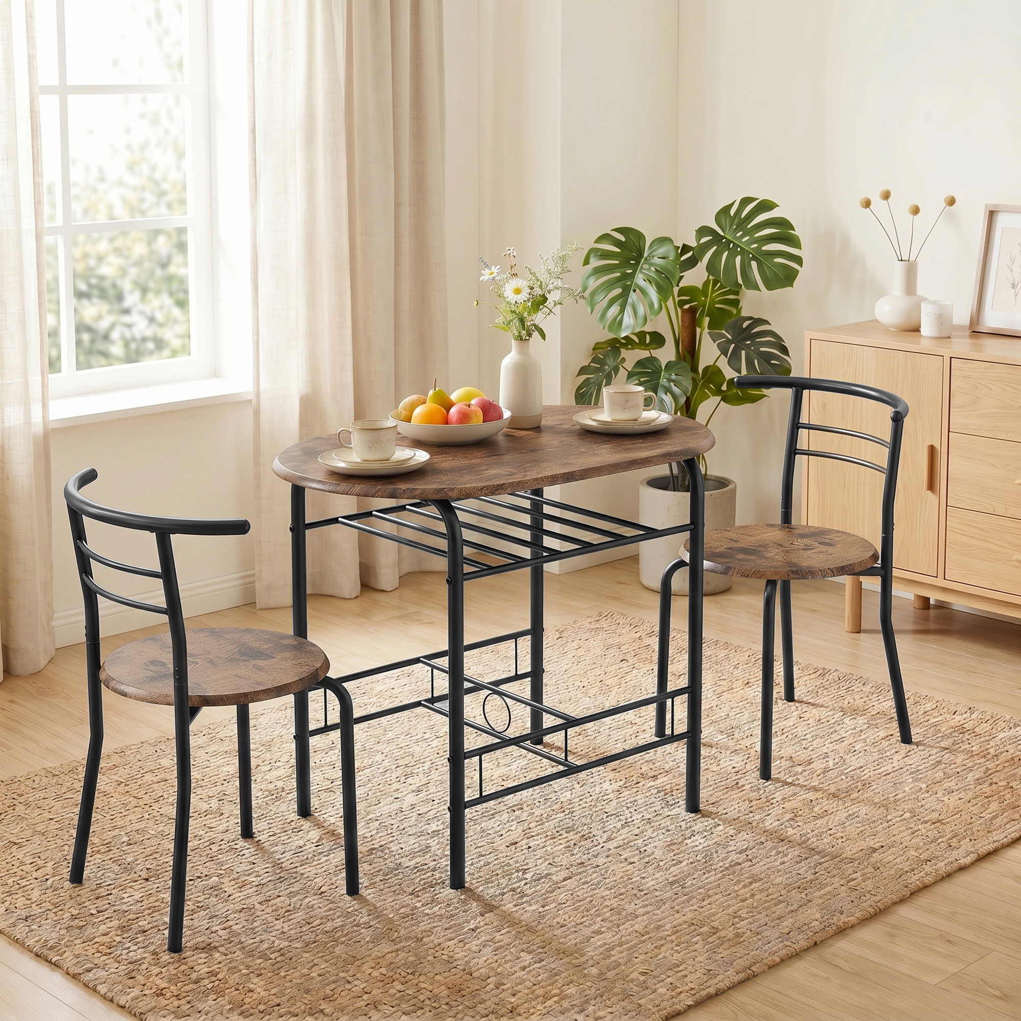 Essgruppe 3-teilig, Küchentisch und Stühle für 2 Personen mit Regal, Wohnzimmer, Rustikal-Braun Holz-Optik