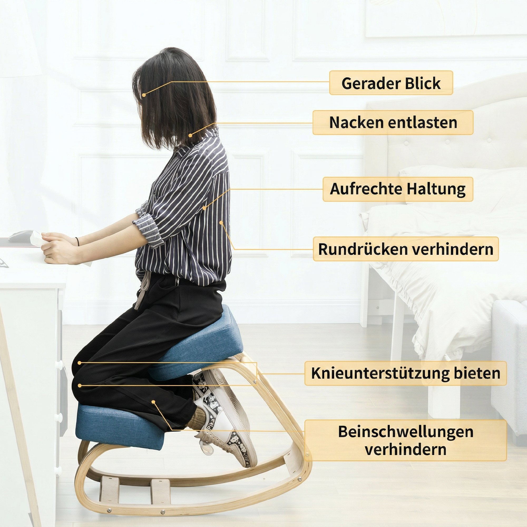 Kniestuhl, ergonomischer Sitzhocker, Polsterhocker für gesunde Sitzhaltung, Birkenholz, 120 kg belastbar, Blau
